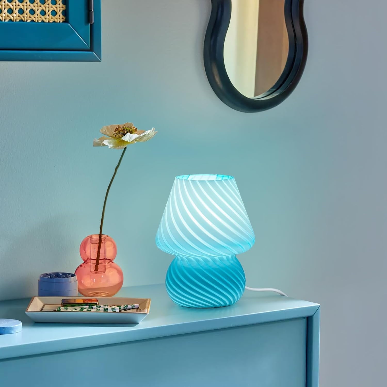 Cozylumi™ Mushroom Lamp Set of 2, Small Bedside Lamp with Striped Glass, Nightstand