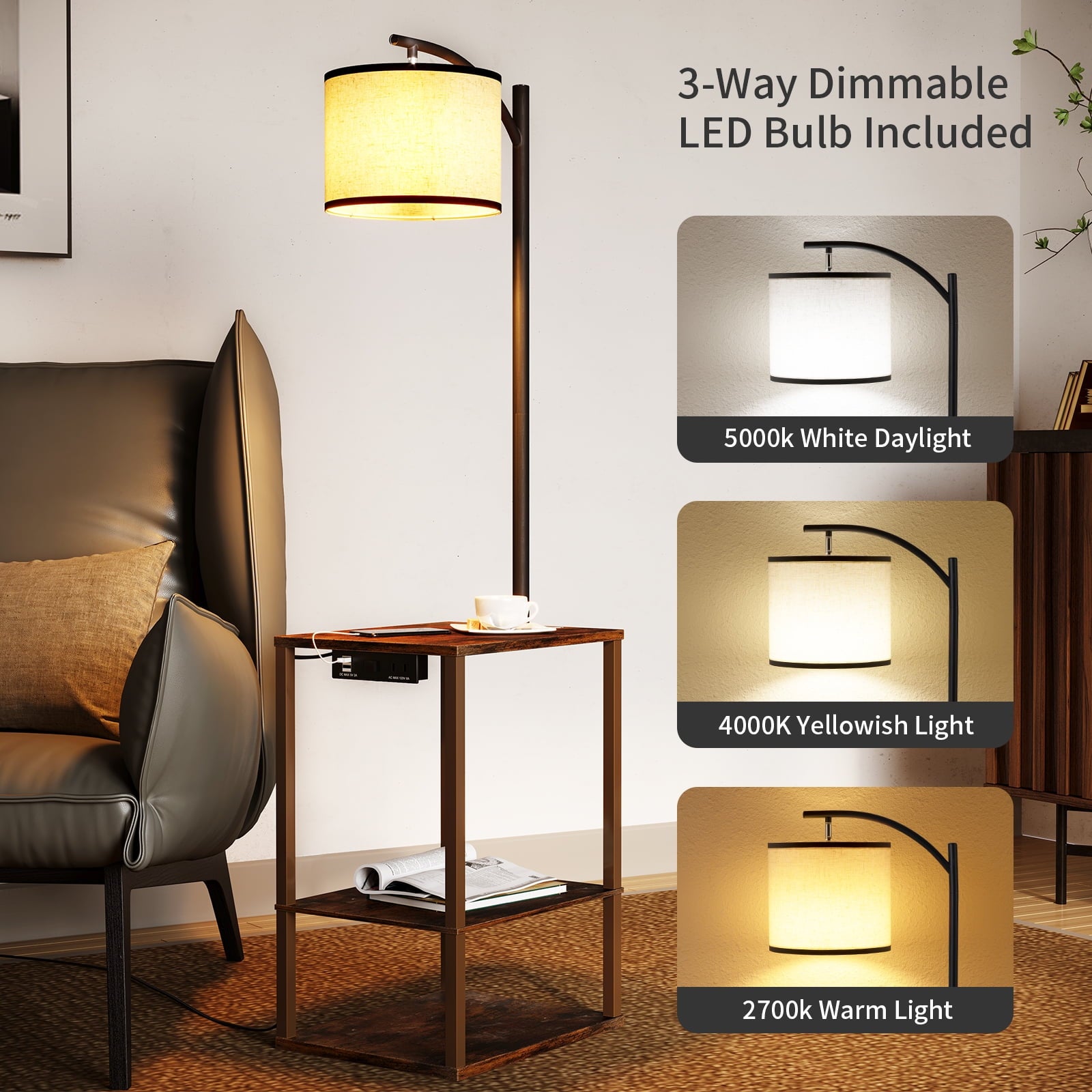 Cozylumi™ Floor Lamp with Table, Lamps for Living Room with USB Charging Station Port