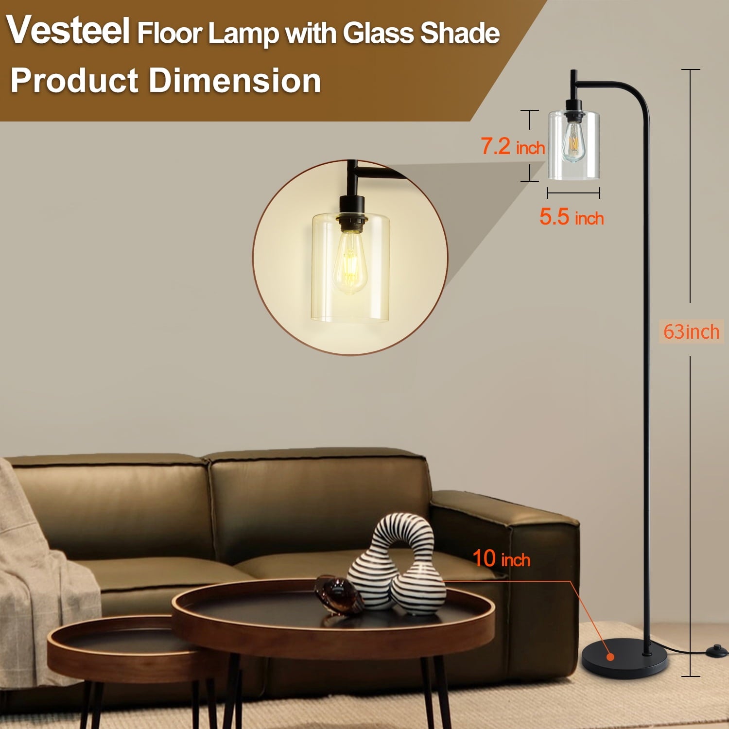 Cozylumi™ Vesteel Arc Floor Lamp for Living Room, Modern Standing Lamp with Glass