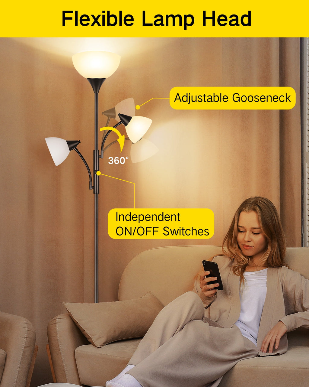Cozylumi™ Floor Lamp with Reading Light for Living Room, LED Standing Lampwith Remote