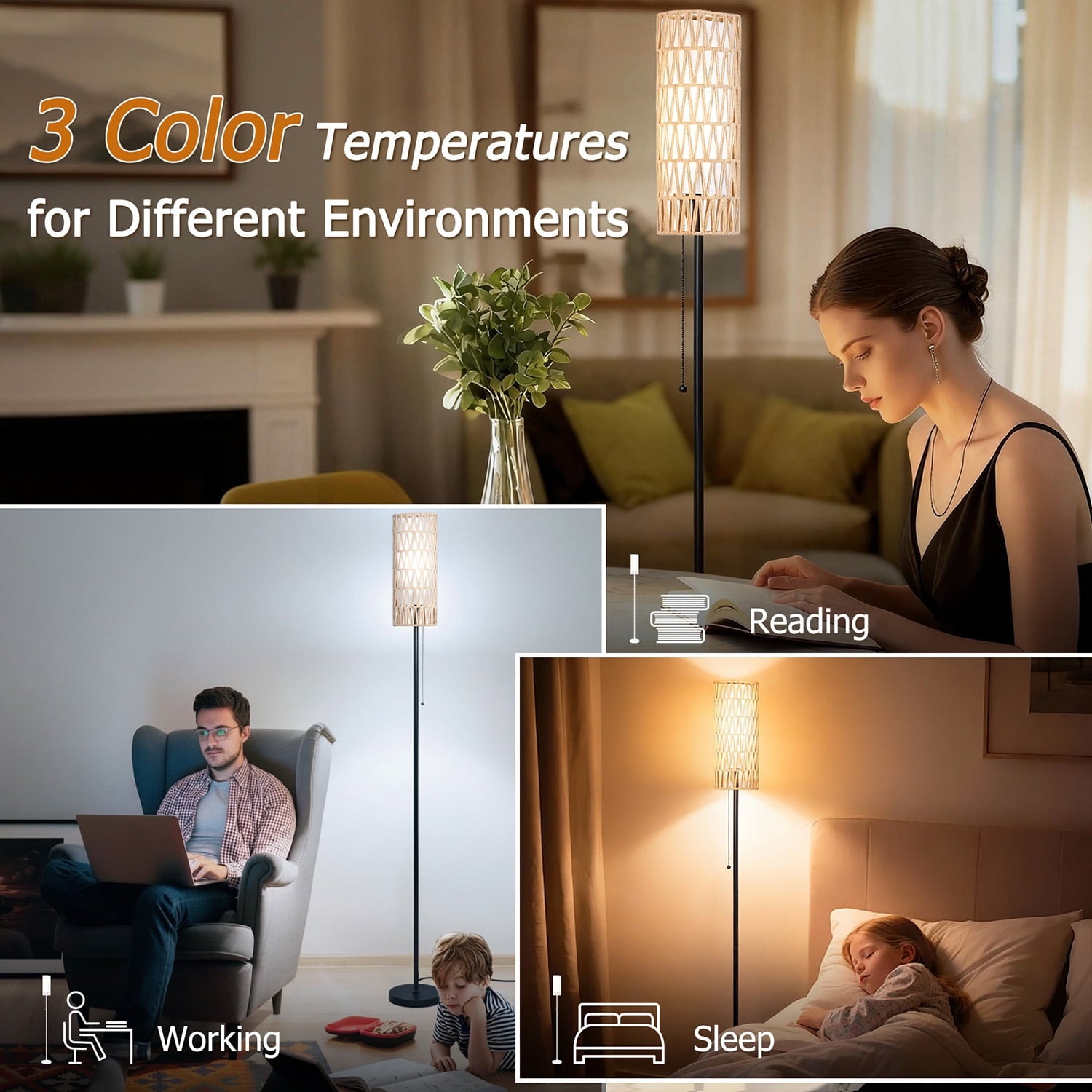 Cozylumi™ Vesteel Floor lamp for Living Room, Farmhouse Rattan Floor Lamp with 3 Color