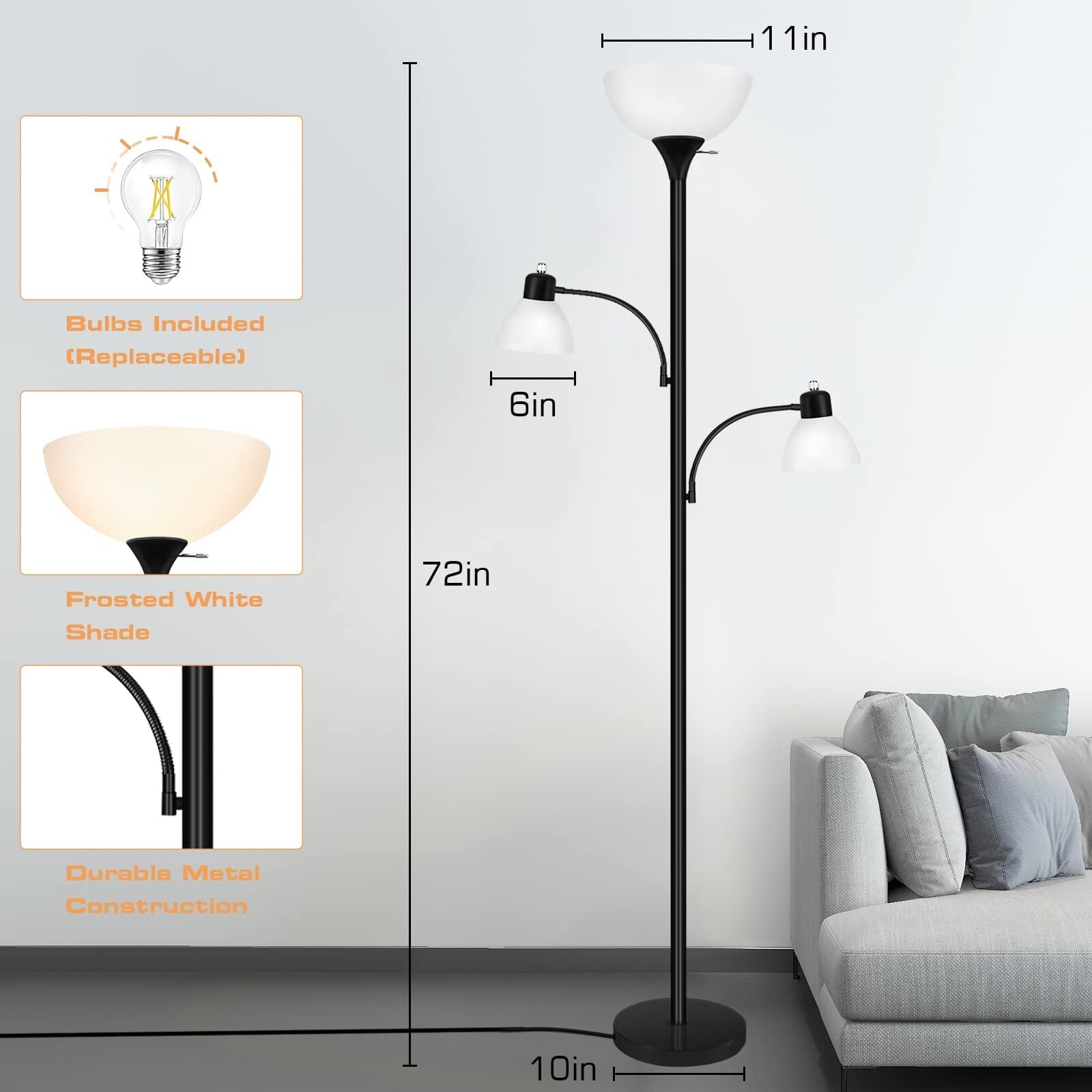 Cozylumi™ Floor Lamps for Living Room, Floor Lamp with 8W Adjustable Reading Lights