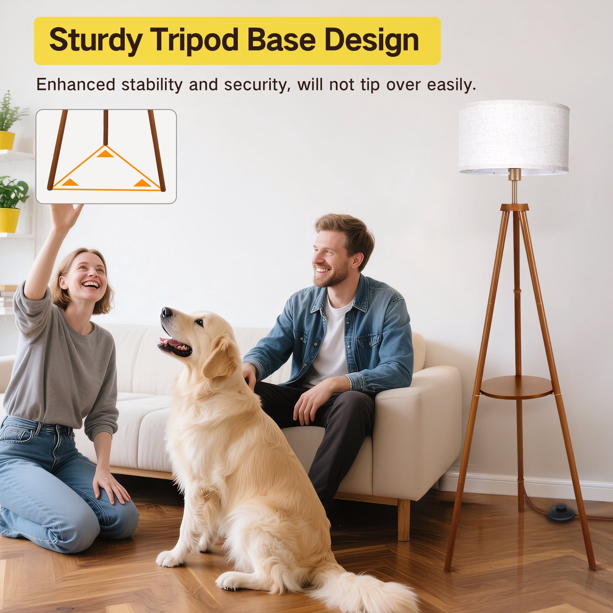 Cozylumi™ Boho Rattan Tripod Floor Lamp with Shelves, Dimmable Standing Lamp with