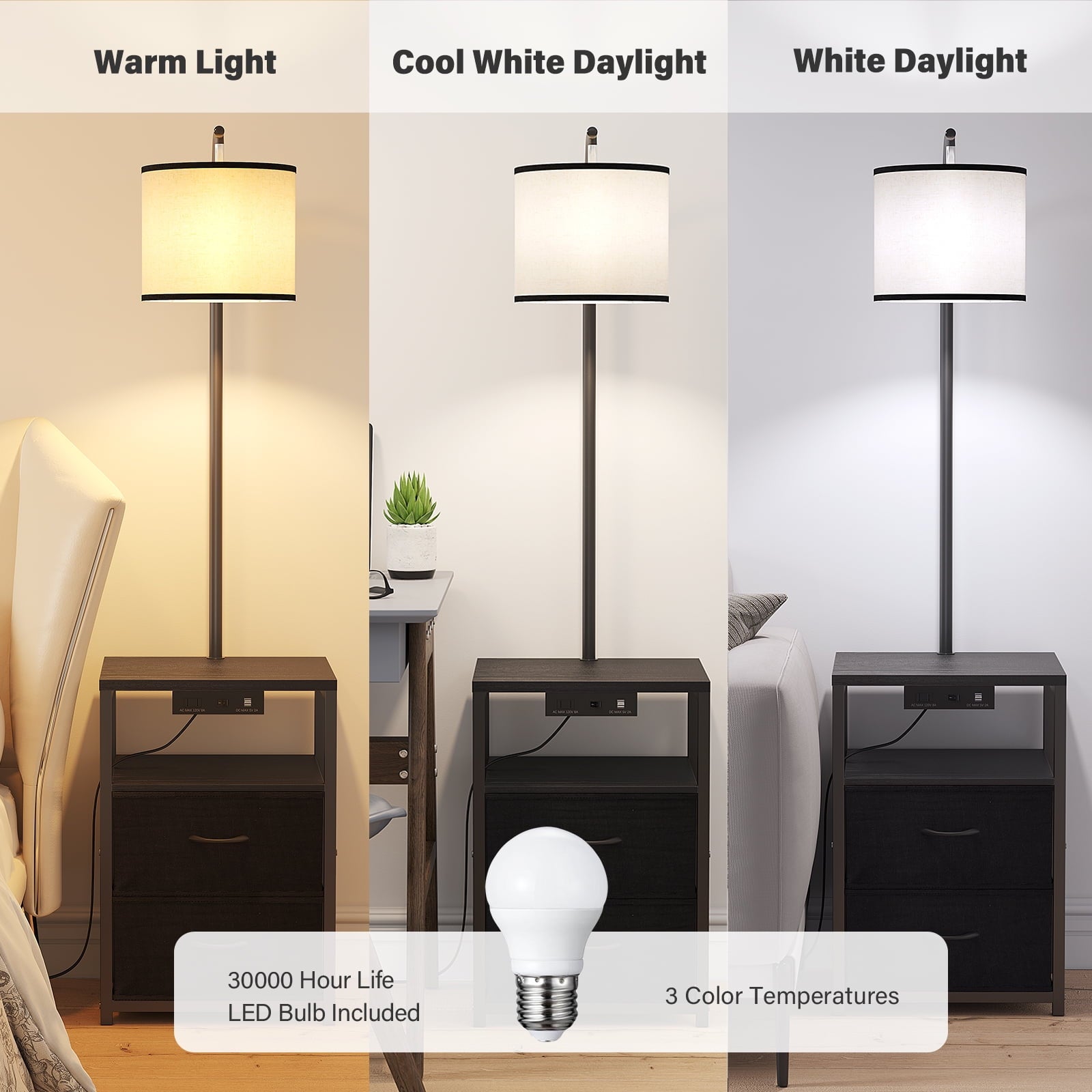 Cozylumi™ Floor Lamp with Table & 2 Drawers, Lamp with USB Port and Outlet, 3 Color Led