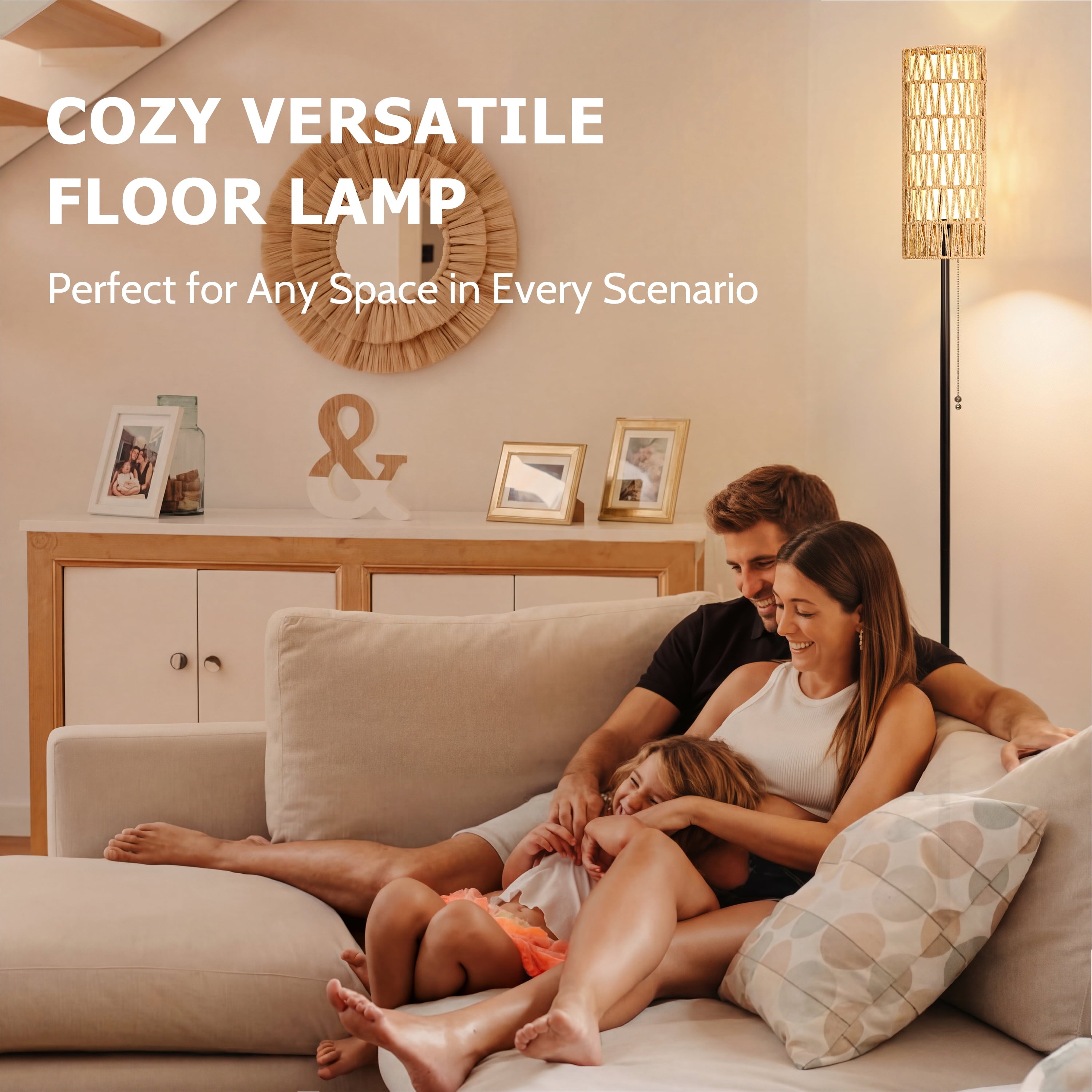 Cozylumi™ Coliware 63 Rattan Floor Lamp, Black Modern Standing Lamp with Pull Chain