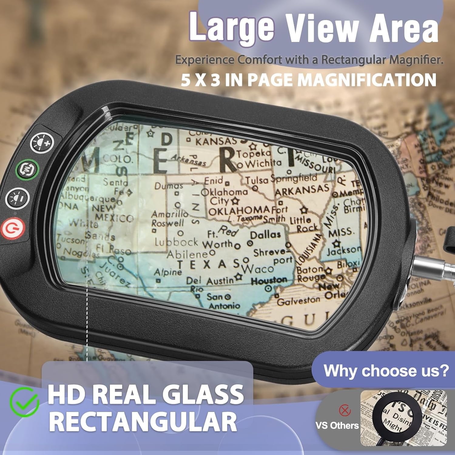 Cozylumi™ Rectangle Magnifying Glass with Light and stand, 5*3 Inch Real Glass 5 Color