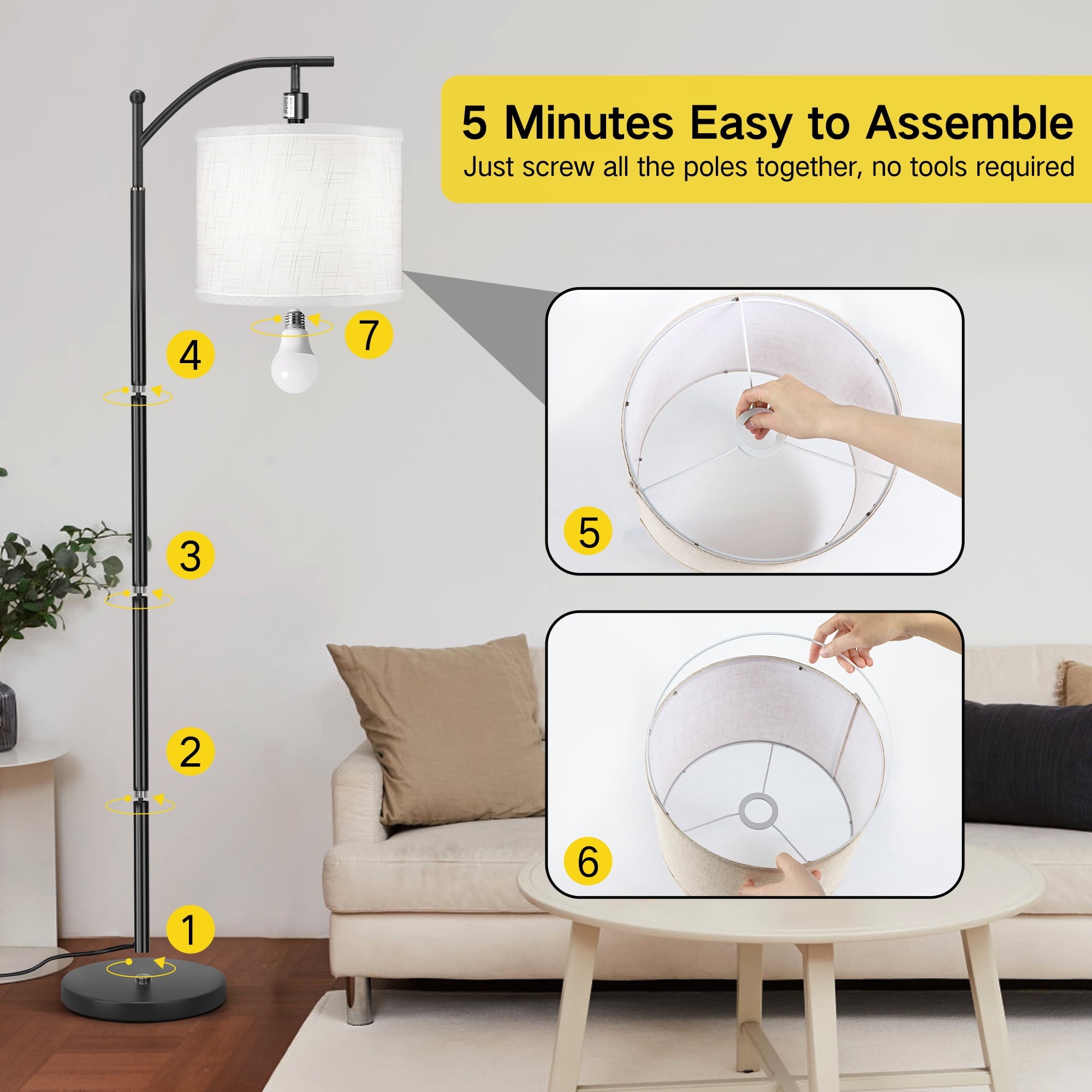 Cozylumi™ 63" Arc Floor Lamp for Living Room, Modern Standing Lamp with Hanging Linen