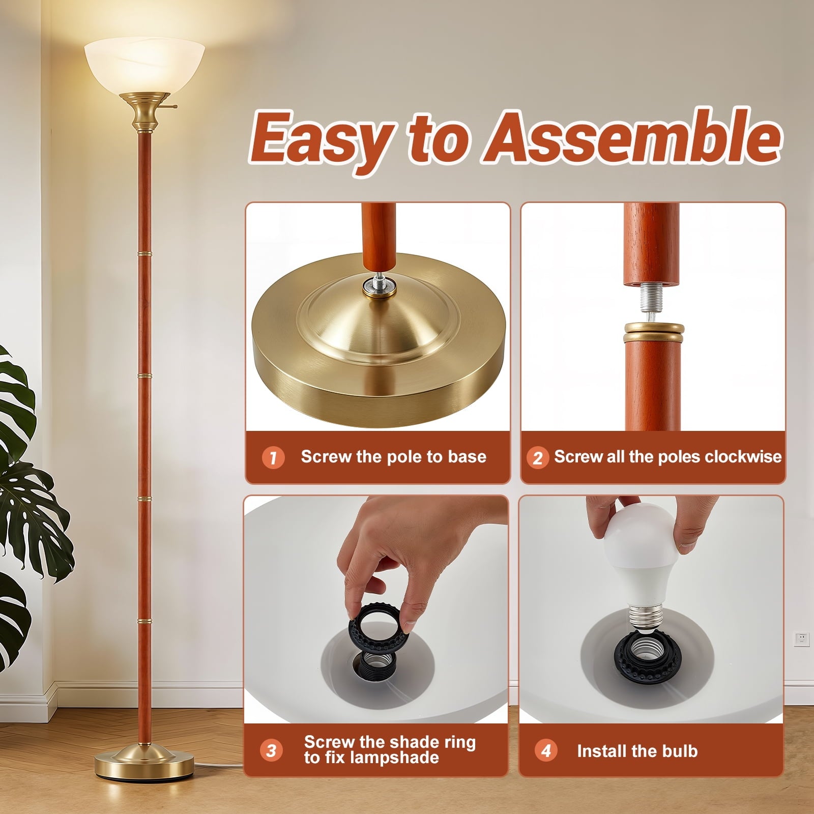Cozylumi™ Wood Floor Lamp for Living Room - Gold Standing Lamp with Glass Shade Floor