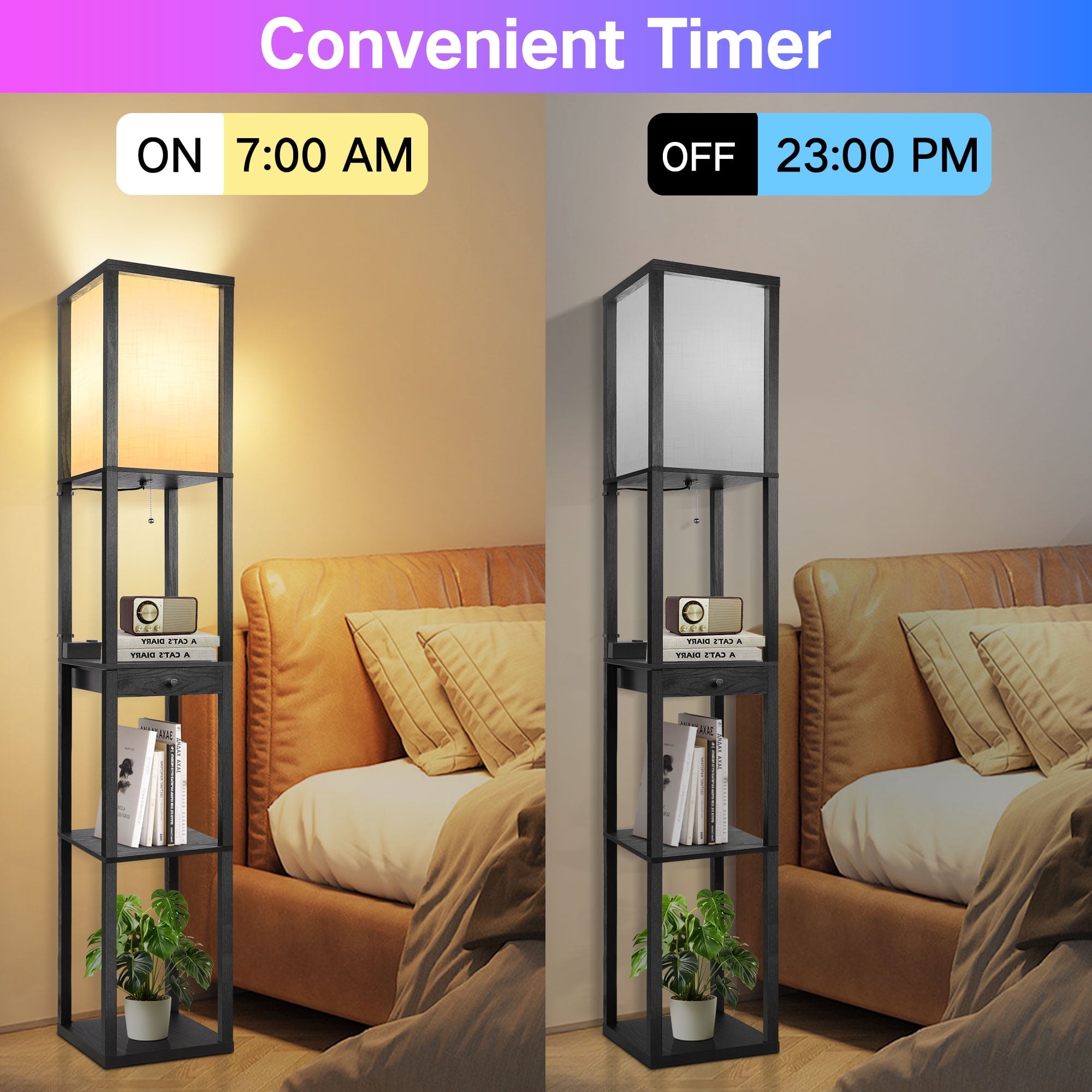Cozylumi™ Floor Lamp with Shelves & Drawer, RGB LED Standing Lamps with 4 Color