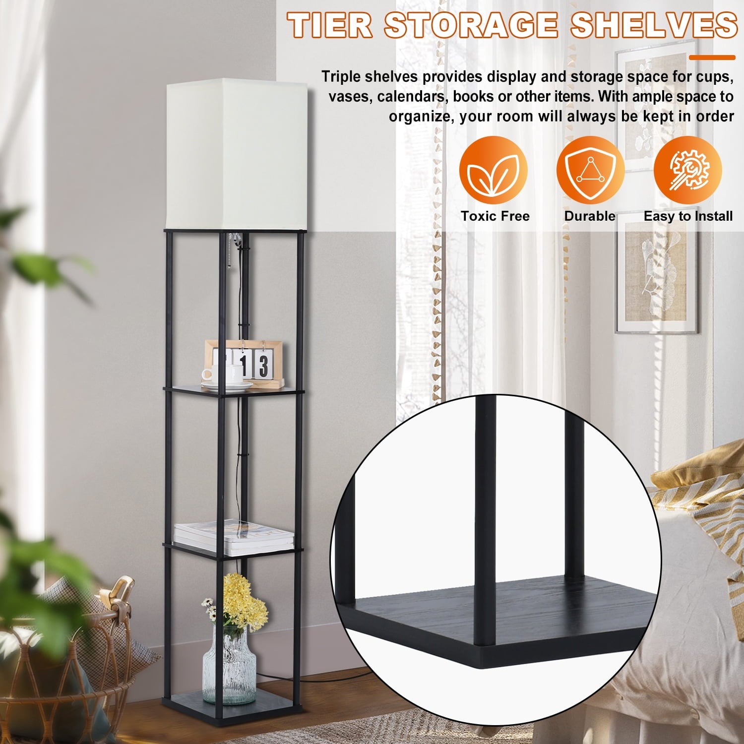 Cozylumi™ Vesteel Floor Lamp with 3-Tier Shelves, Standing Lamp with 3 Color Adjustable