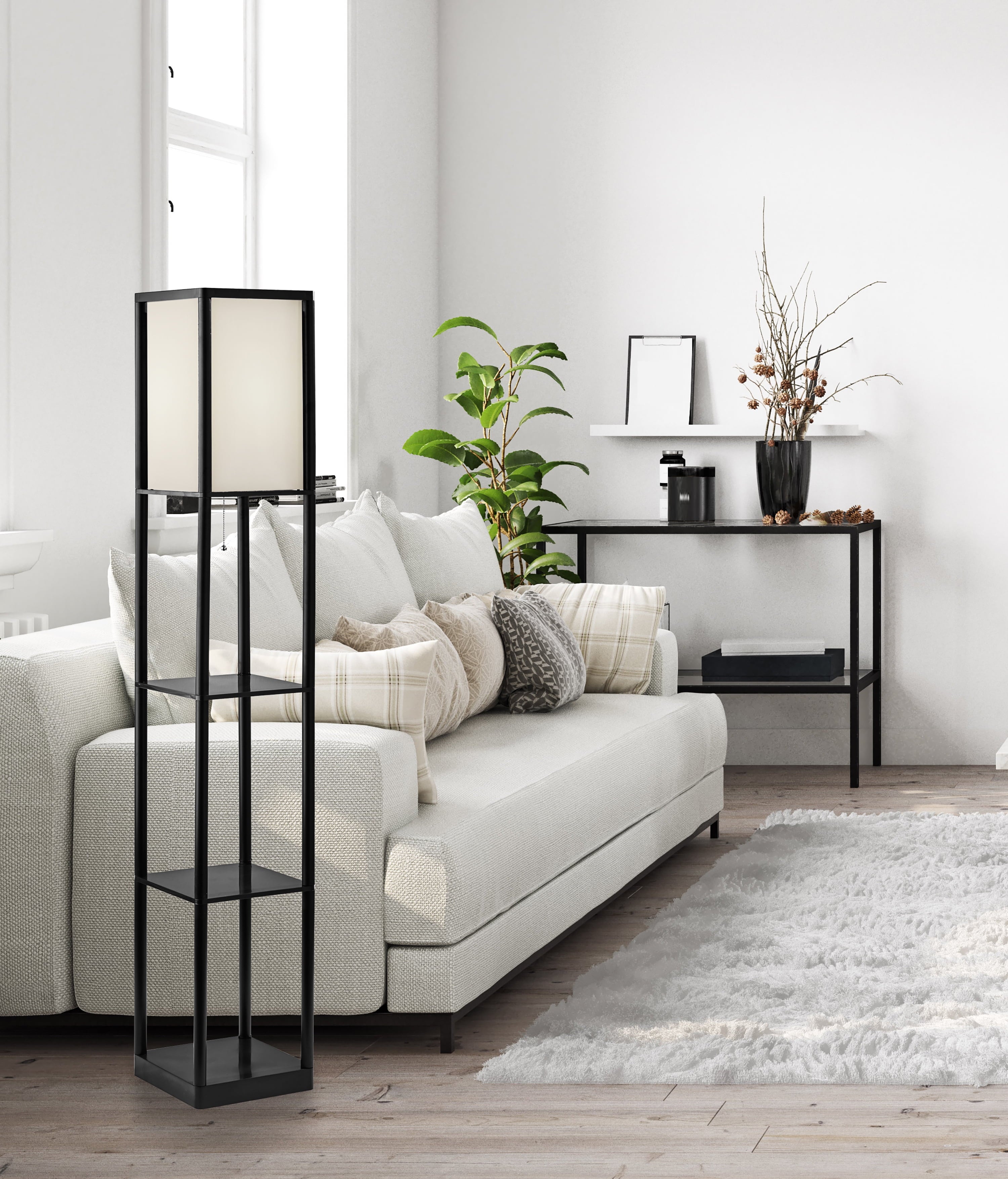 Cozylumi™ 62 Inch Floor Lamp With Black Plastic Shelves and Sustainable White Fabric Shade