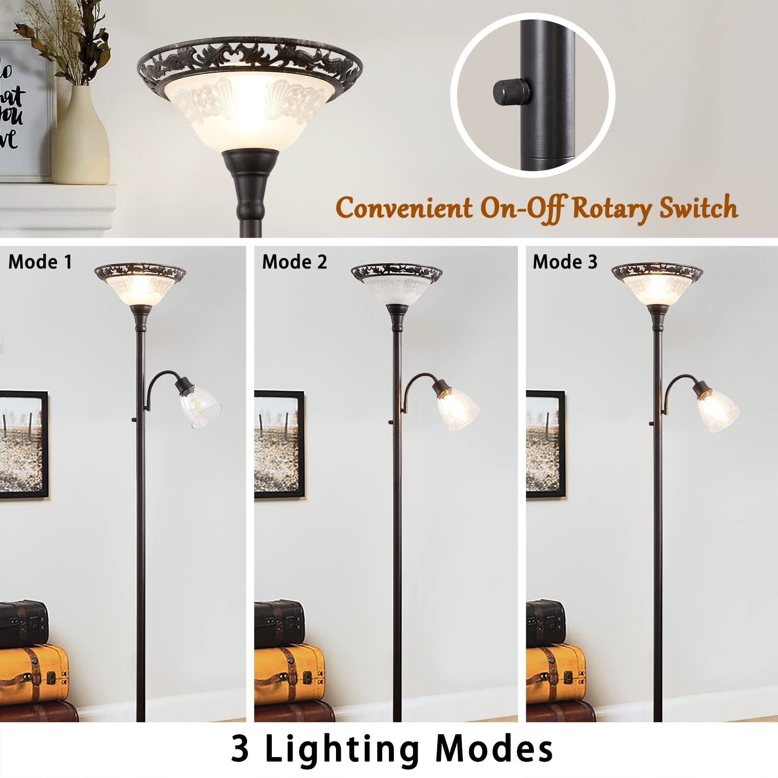Cozylumi™ 70" Victorian Floor Lamp, Etched Glass Shade, Metal Body & Heavy Base