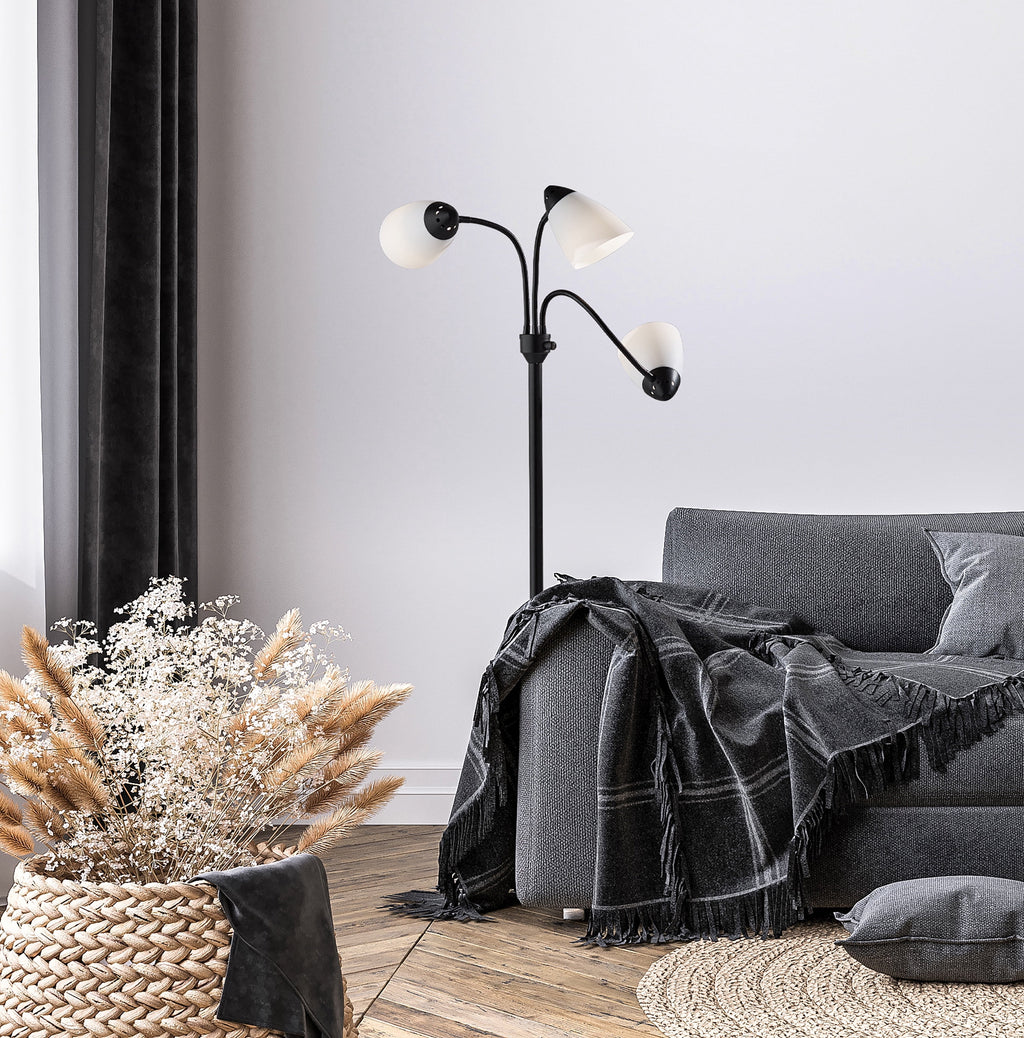 Cozylumi™ 3-Head Adjustable Floor Lamp, Black with White Plastic Shades, 68 in