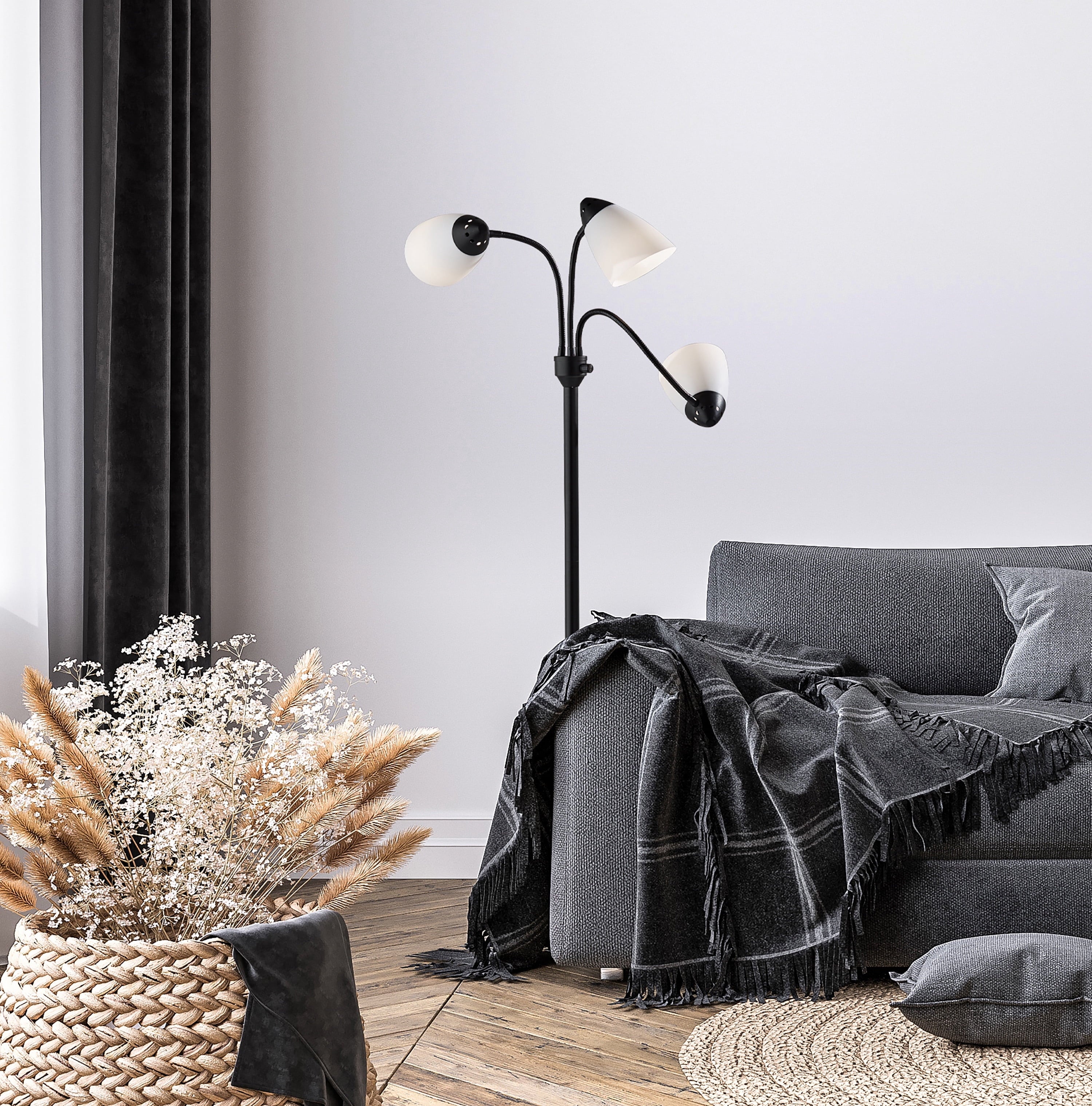 Cozylumi™ 3-Head Adjustable Floor Lamp, Black with White Plastic Shades, 68 in