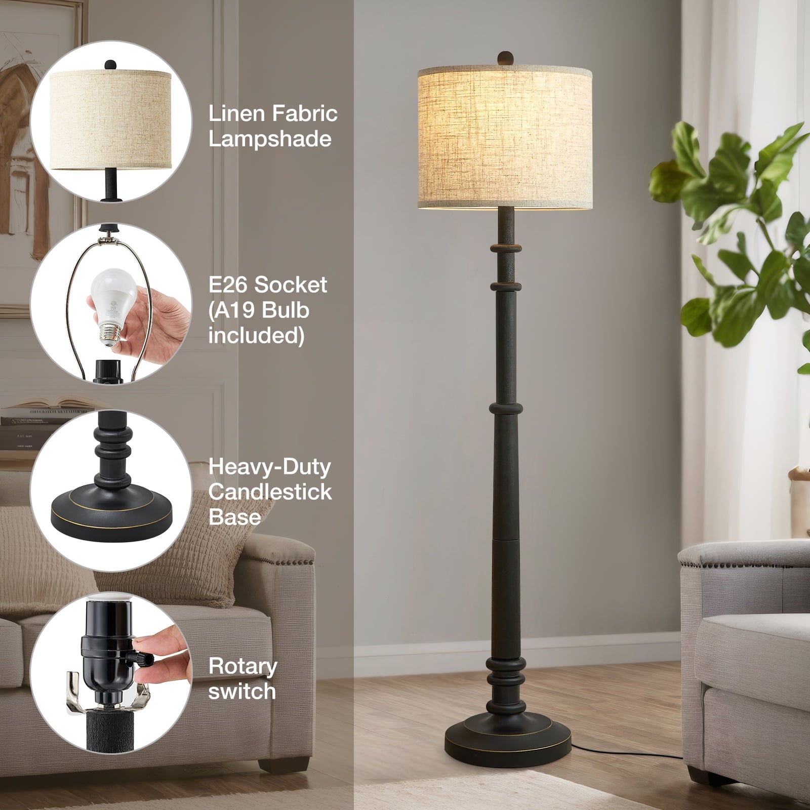Cozylumi™ Floor Lamps for Living Room,60" Vintage Farmhouse Floor Lamp 3-Color