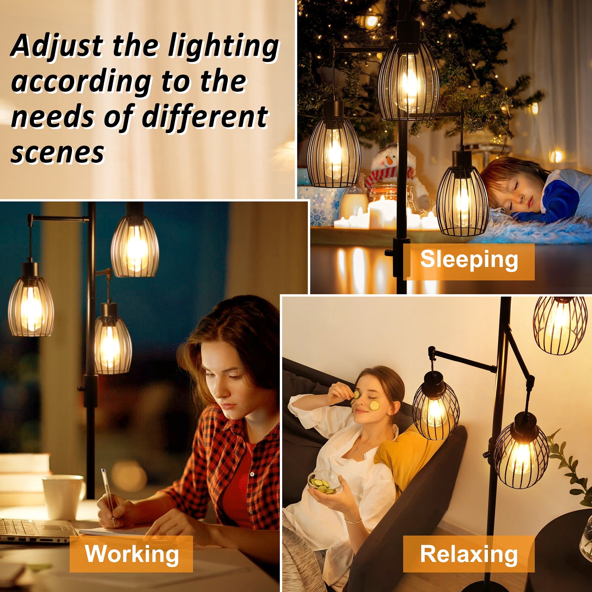 Cozylumi™ Vesteel Standing Lamp, Farmhouse Lamp with 3 Teardrop Cage and Bulbs