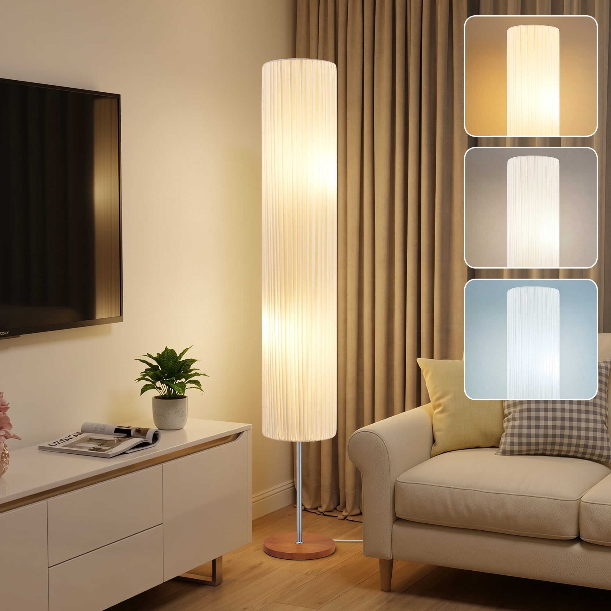 Cozylumi™ 66 Inch Adjustable Color Floor Lamp with Wooden Base Fabric Shade Bulbs