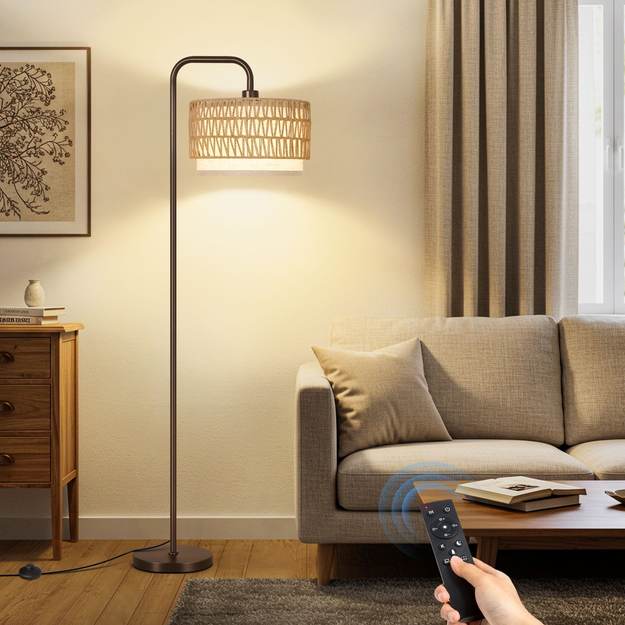 Cozylumi™ Floor Lamps, Boho Standing Lamps with Rattan & Linen Double Shades, Arc Lamp