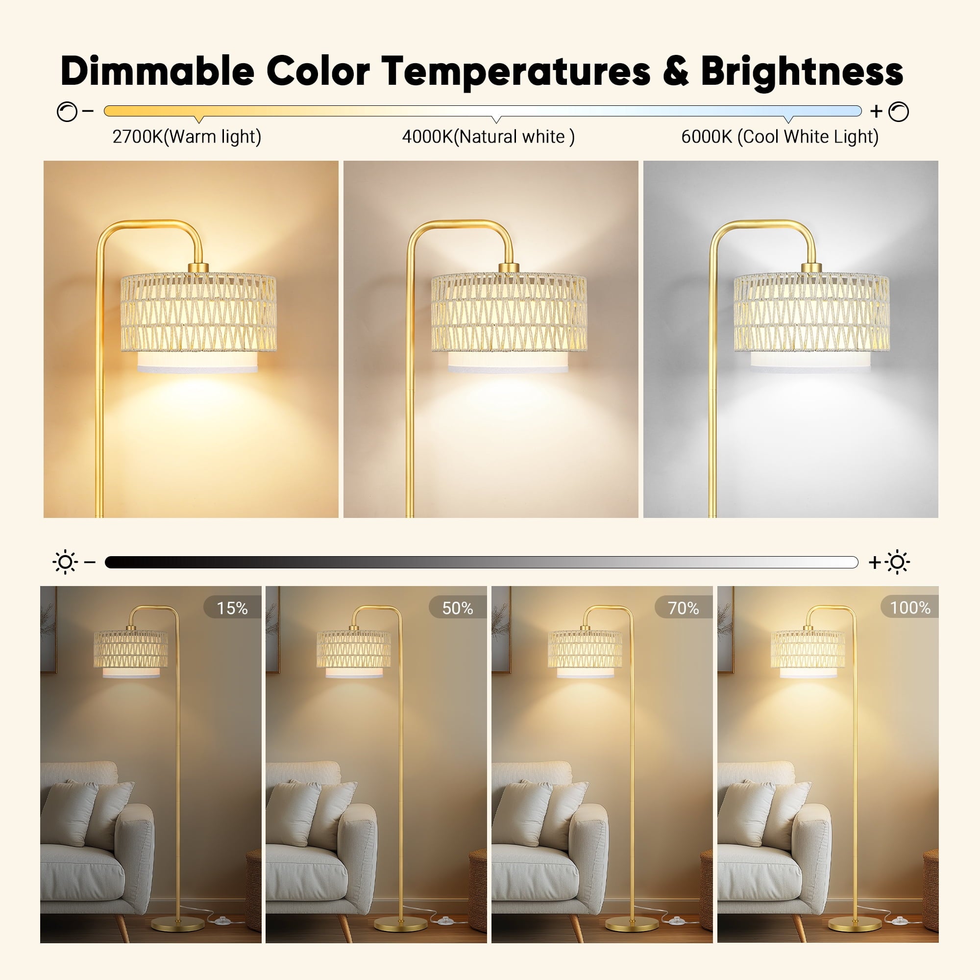 Cozylumi™ Beige Floor Lamp with 3 Color Temperatures, Farmhouse Tall Lamp for Living