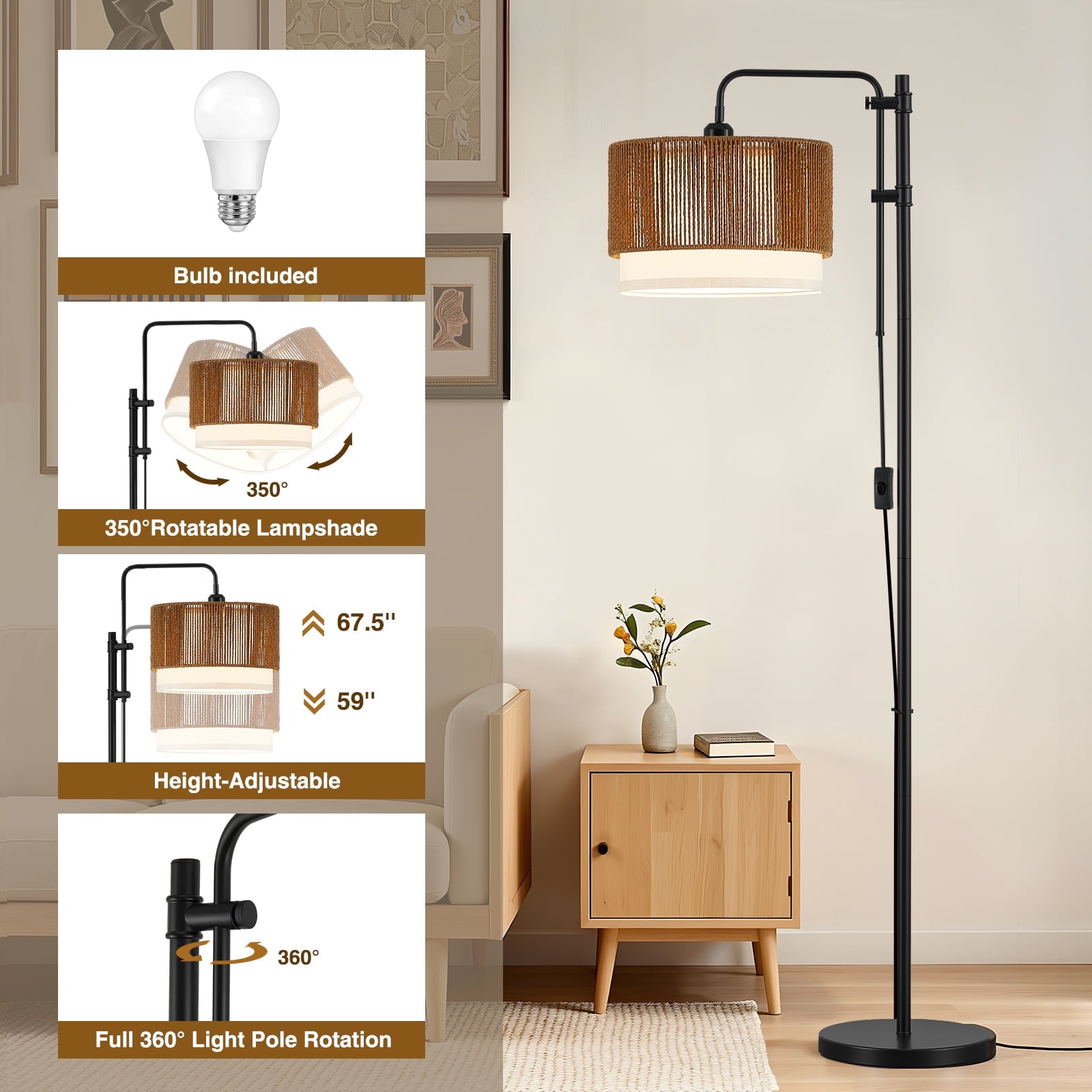 Cozylumi™ Rattan Floor Lamp for Living Room, 3 Color Temperatures LED Bulb Included