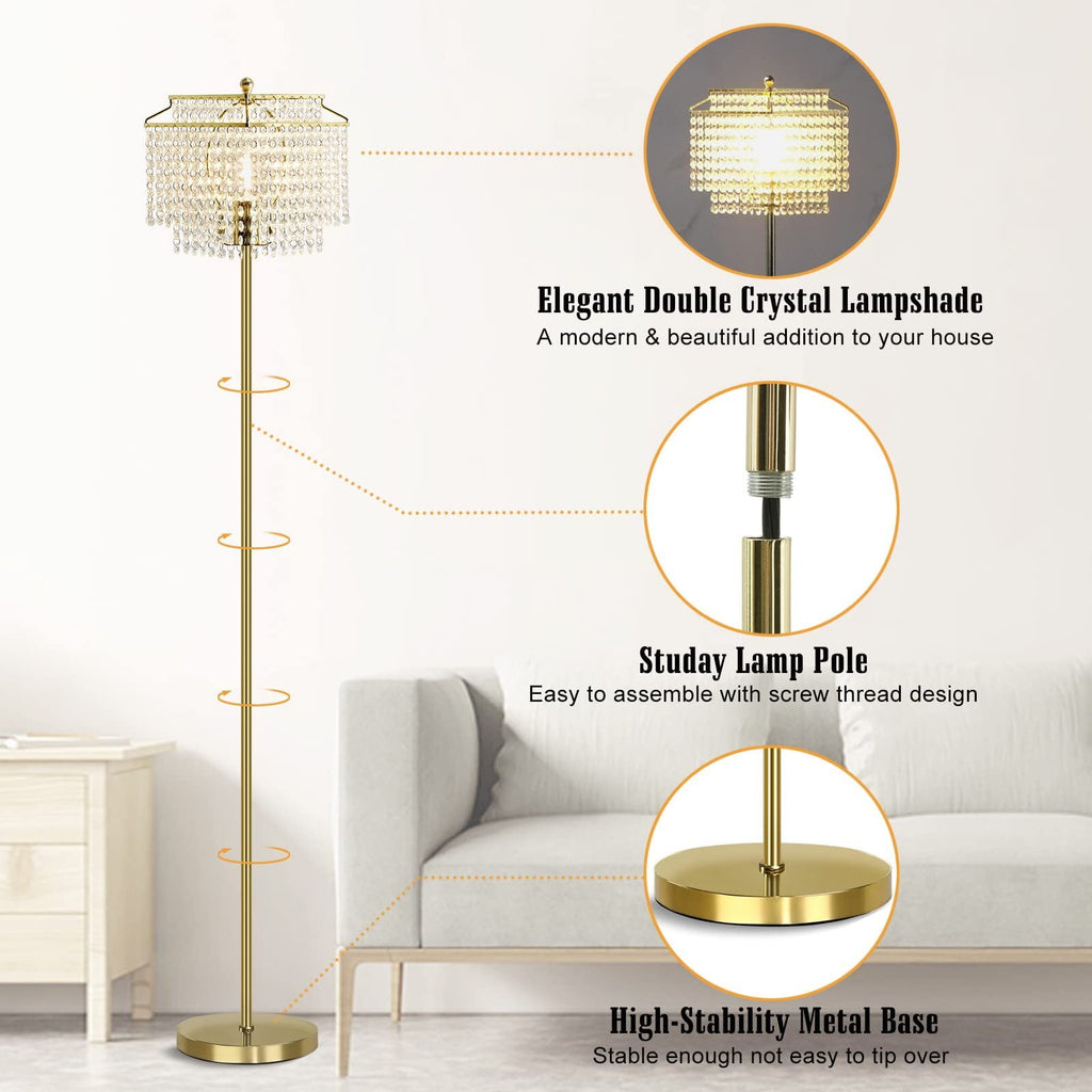 Cozylumi™ Gold Crystal Floor Lamp , Modern Standing Lamps with Double-Layer Lampshade