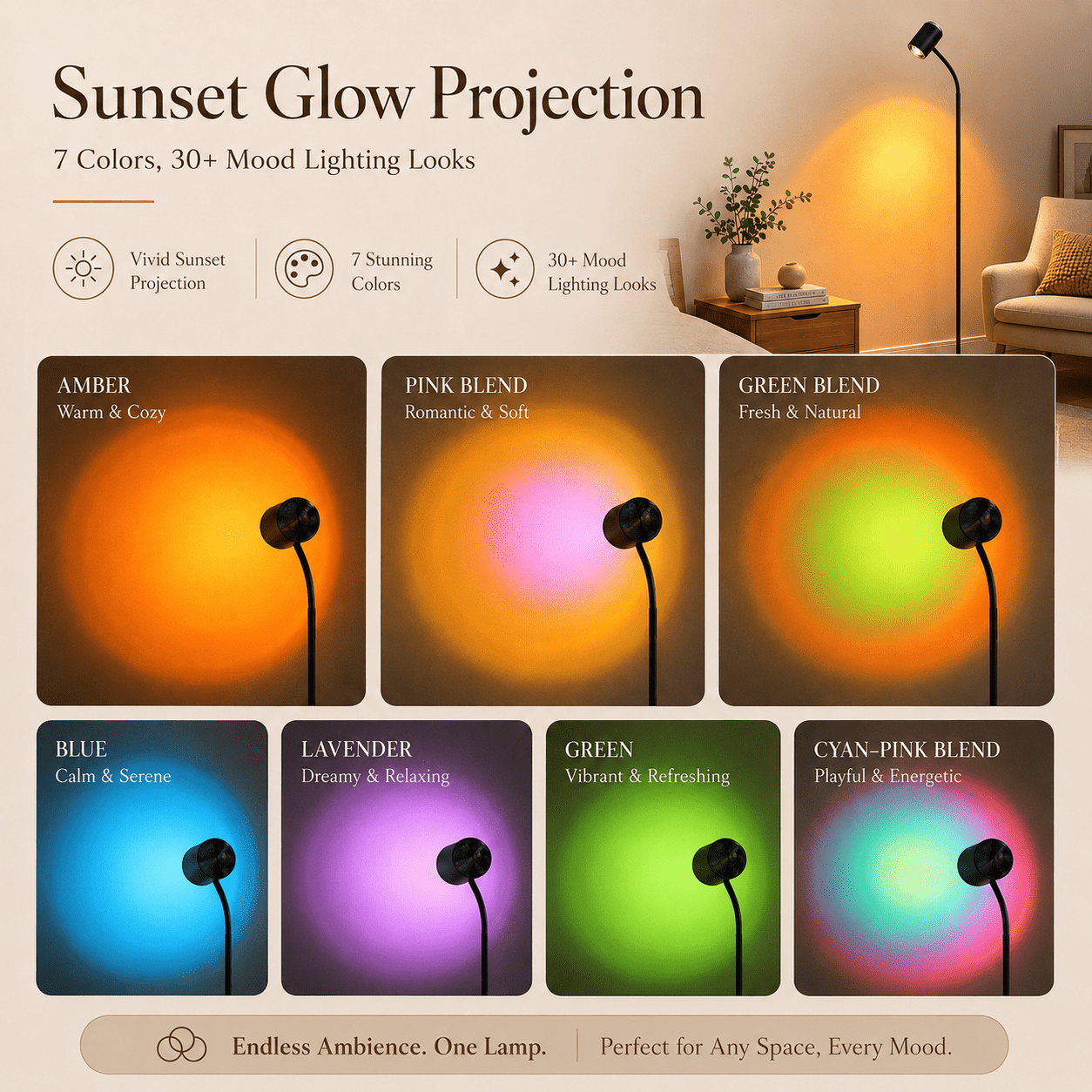Cozylumi™ MEHOOM Sunset Standing Floor Lamp Projection with Ocean Wave, 360° Rotation