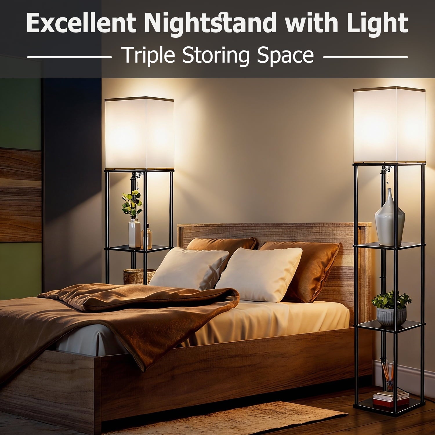 Cozylumi™ Coliware 63" Black Floor Lamp with Shelves, 3-Tier Wood Modern Standing Lamp