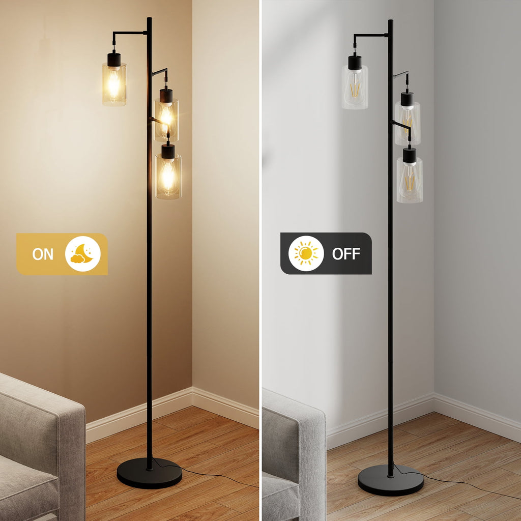 Cozylumi™ DRNANLIT 3-Light Industrial Floor Lamp with Clear Glass Shades, Black