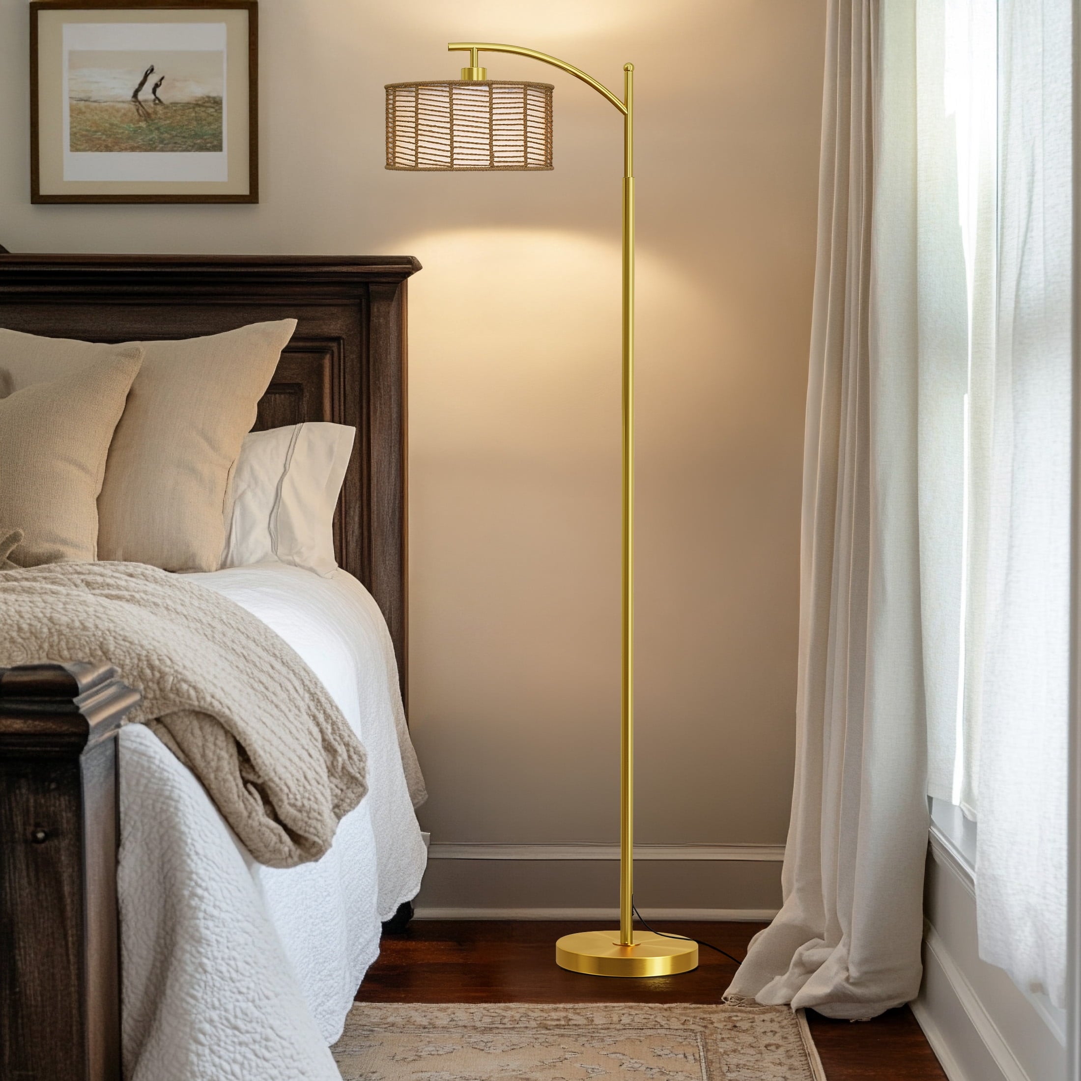 Cozylumi™ 62.5" Boho Arc Floor lamp with Brown Rattan Shade,Farmhouse Gold Standing