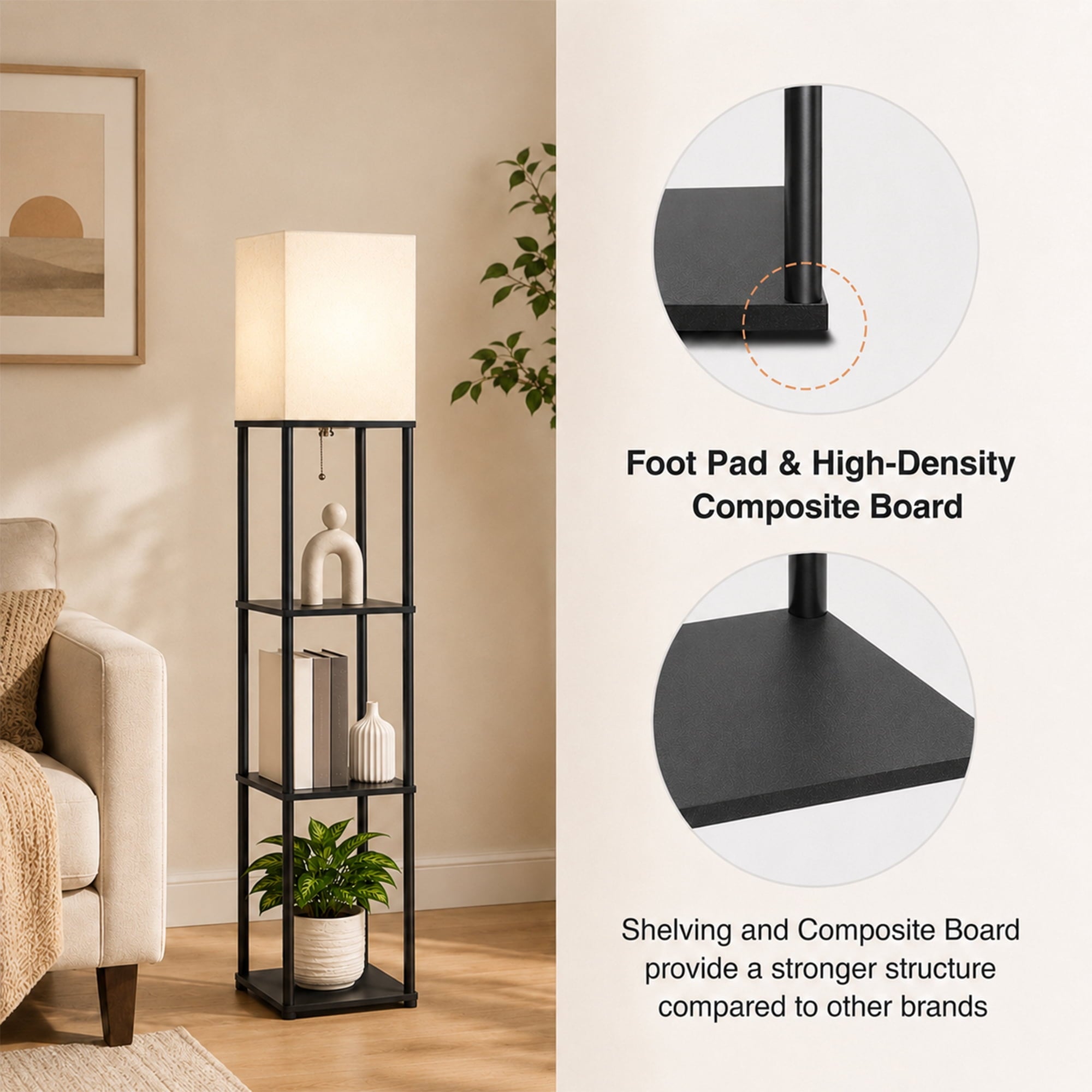 Cozylumi™ Floor Lamp With Shelves, 62 Black Shelf Floor Lamp with 9W LED Bulb, 3 Color