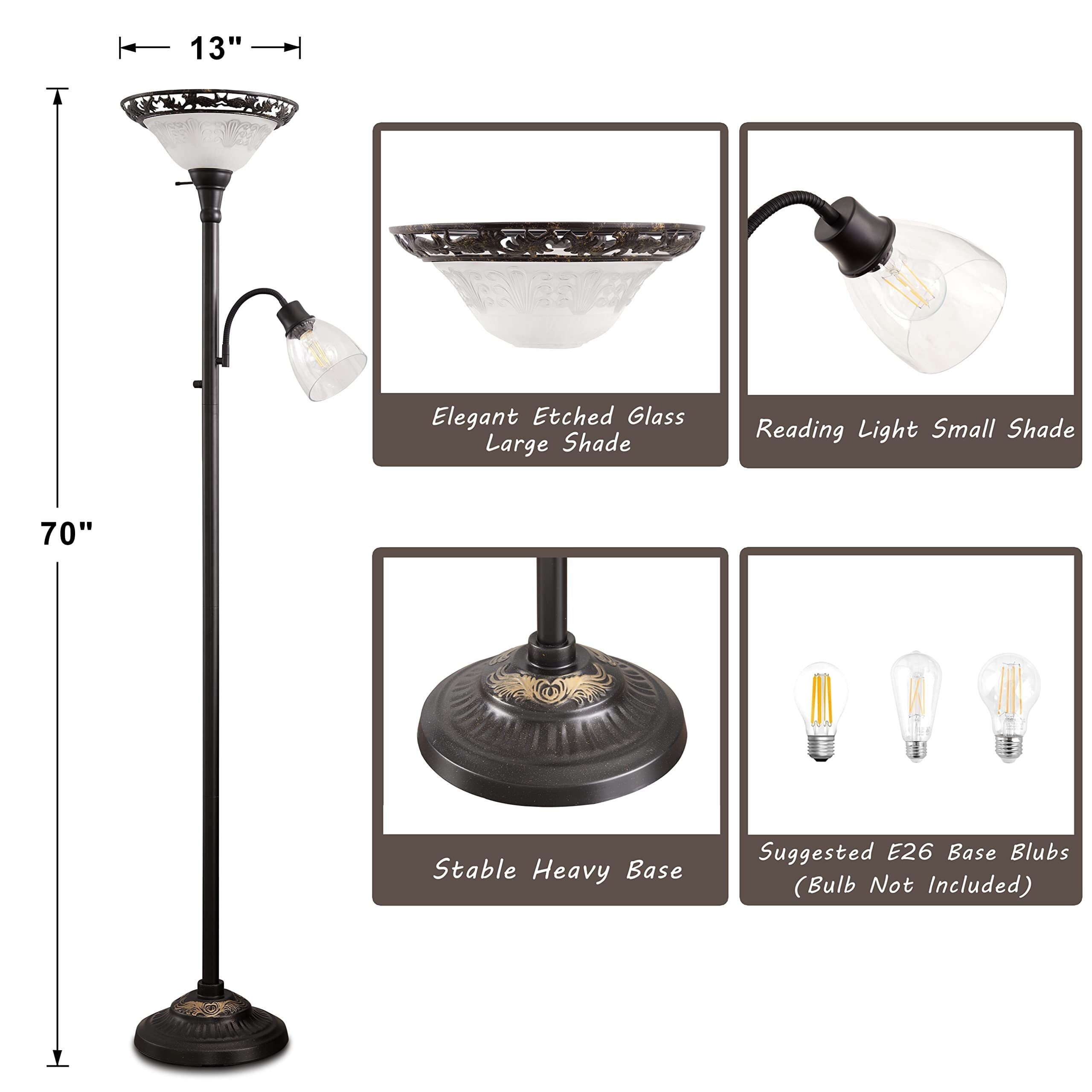 Cozylumi™ 70" Victorian Floor Lamp, Etched Glass Shade, Metal Body & Heavy Base