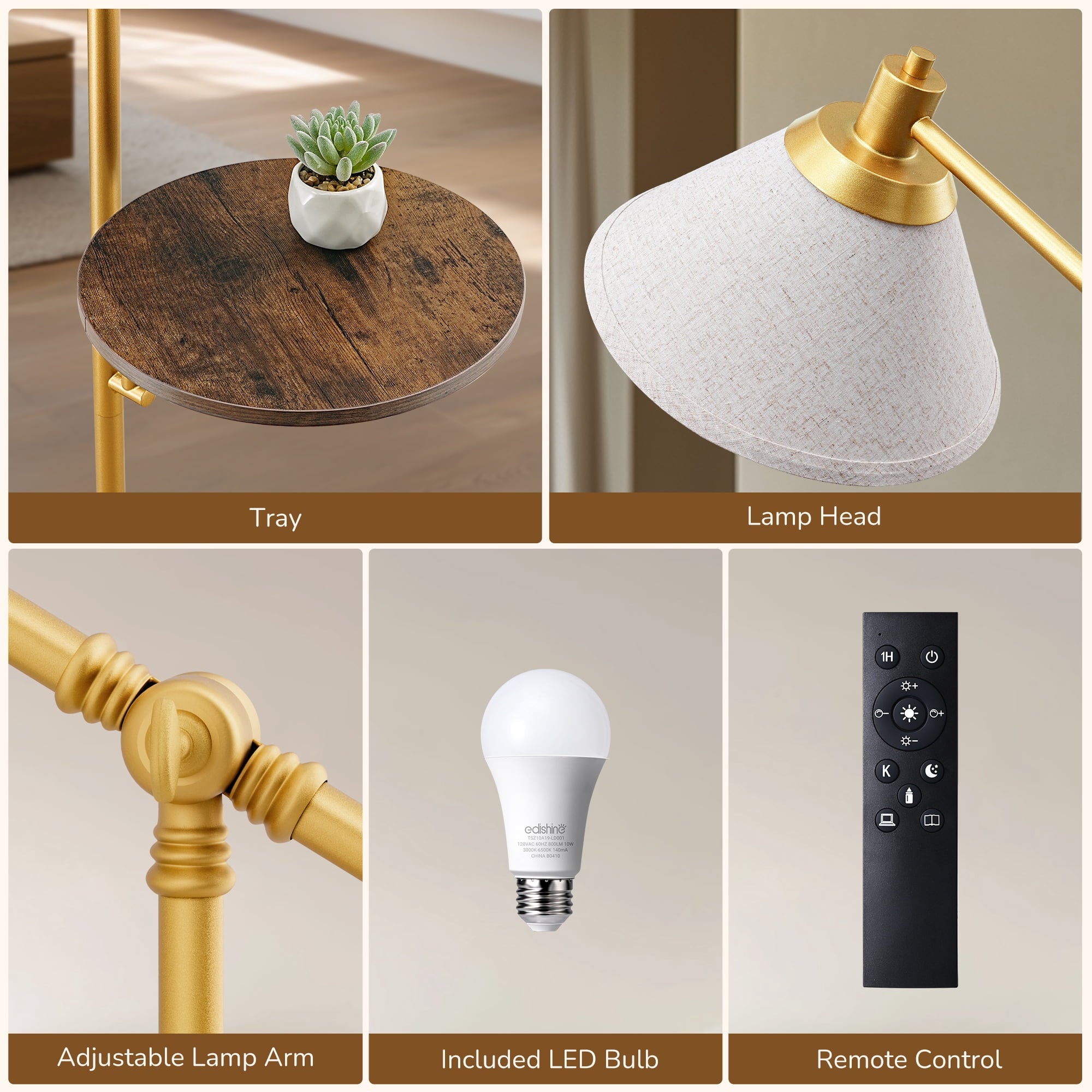 Cozylumi™ 68" Gold Floor Lamp with Table for Living Room, Height Adjustable, 5 Color