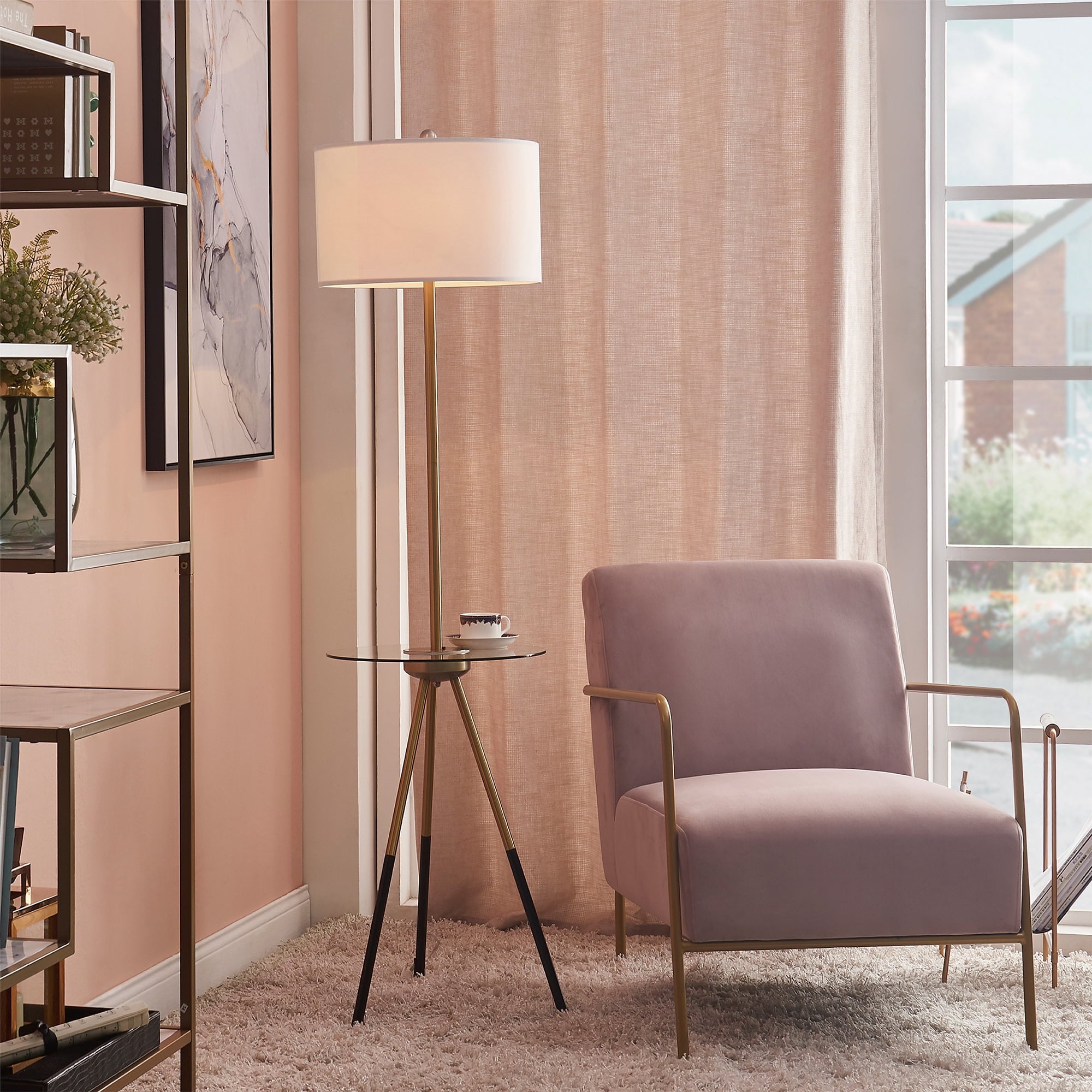 Cozylumi™ Teamson Home Myra Floor Lamp with Glass Table and Built-In USB Port, Gold/Black