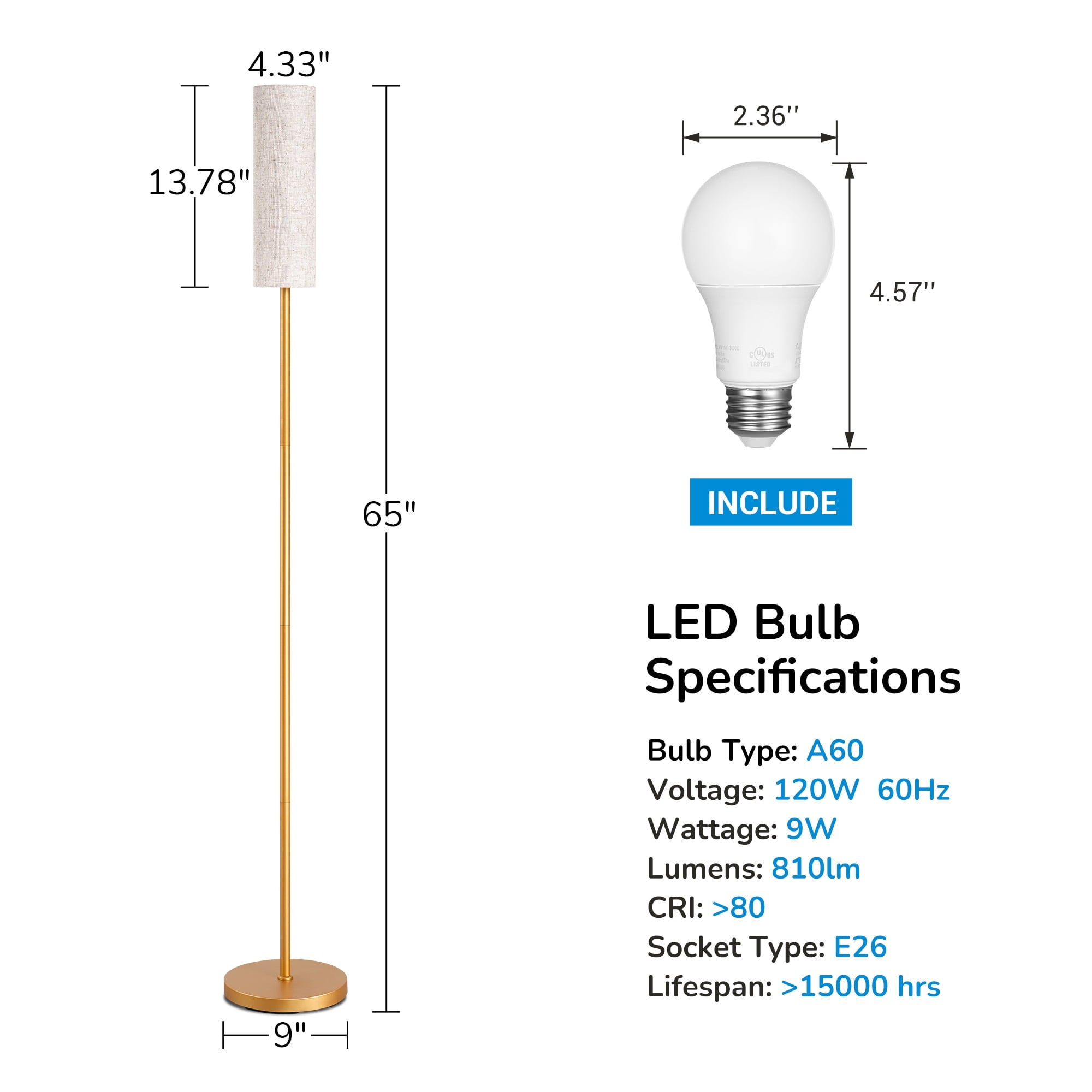 Cozylumi™ 65in Gold Floor Lamps with Remote for Living Room, 2700K-6000K, Standing Tall