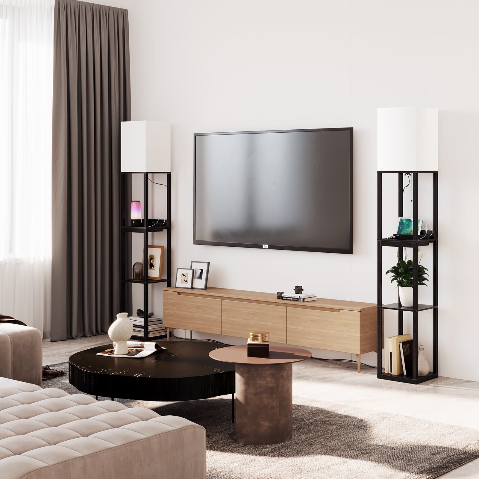 Cozylumi™ Floor Lamp with Shelves,Modern Dimmable Solid Wood Standing Lamp with 1