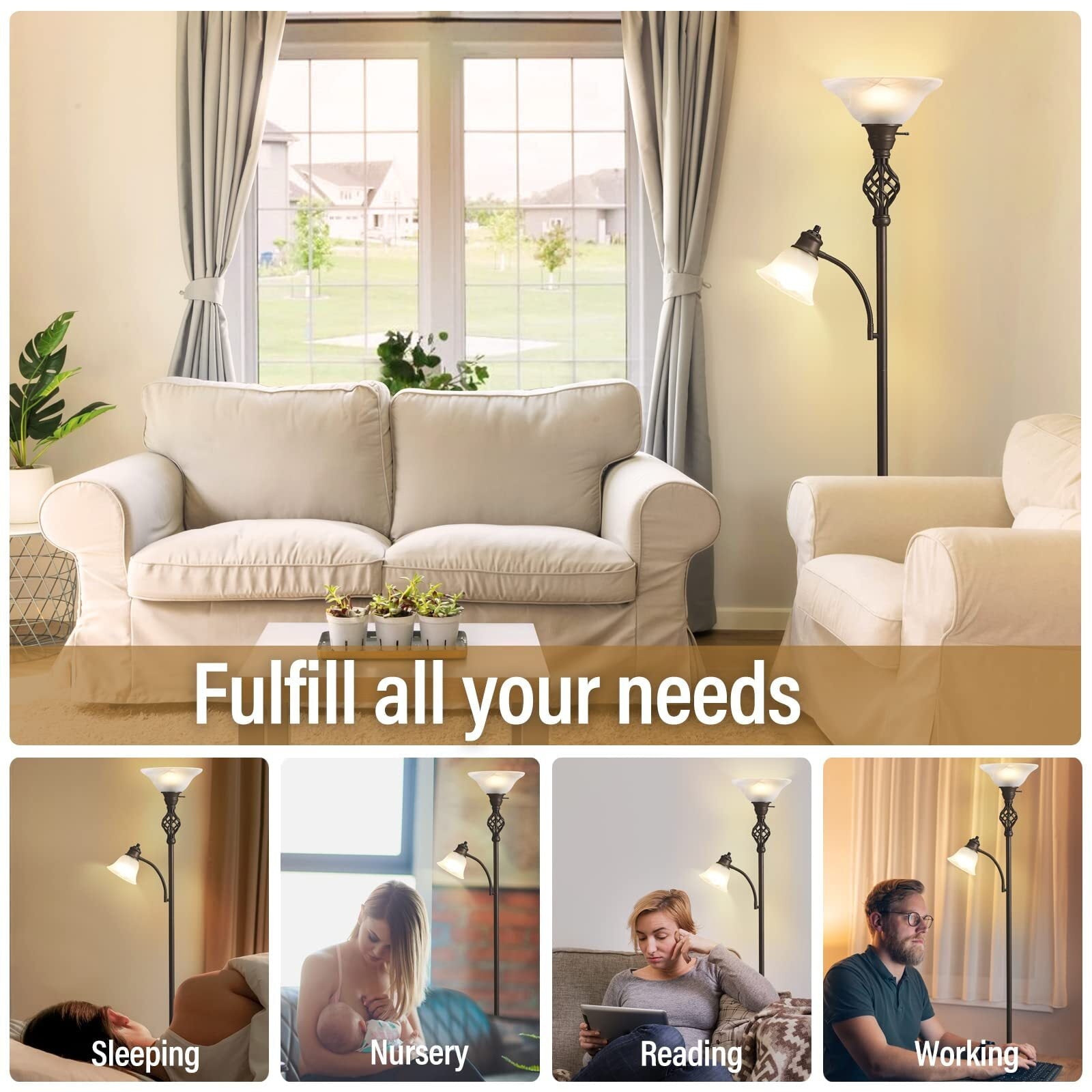 Cozylumi™ Floor Lamp for Living Room, LED Standing Reading Light for Bedroom with Glass