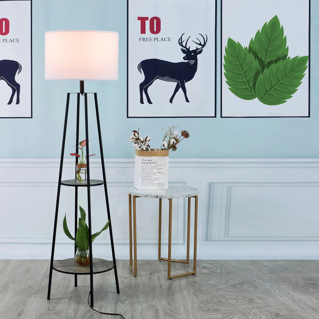 Cozylumi™ Etagere 62" Matte Black Mid-Century Style Floor Lamp, with 2 Wood Shelves