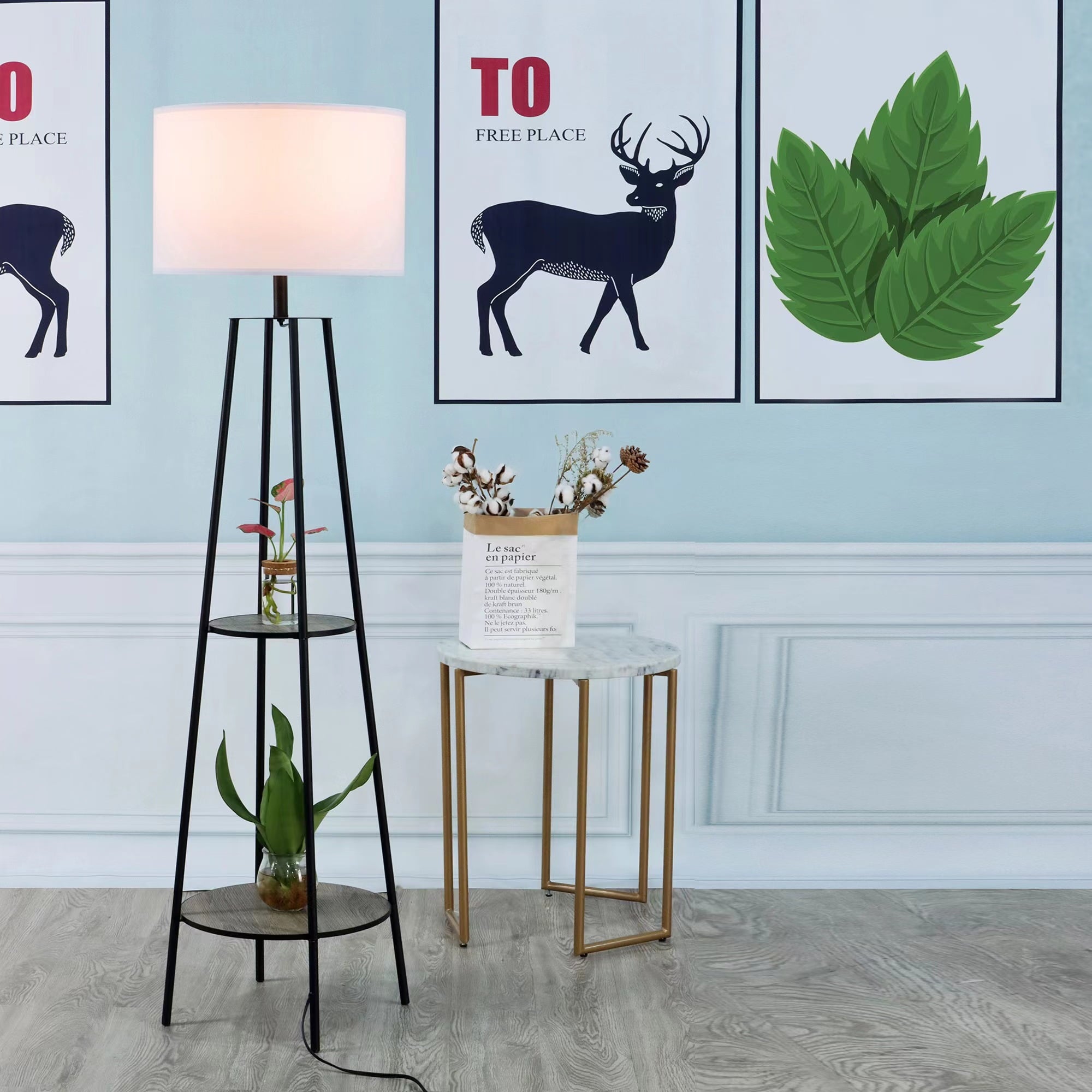 Cozylumi™ Etagere 62" Matte Black Mid-Century Style Floor Lamp, with 2 Wood Shelves