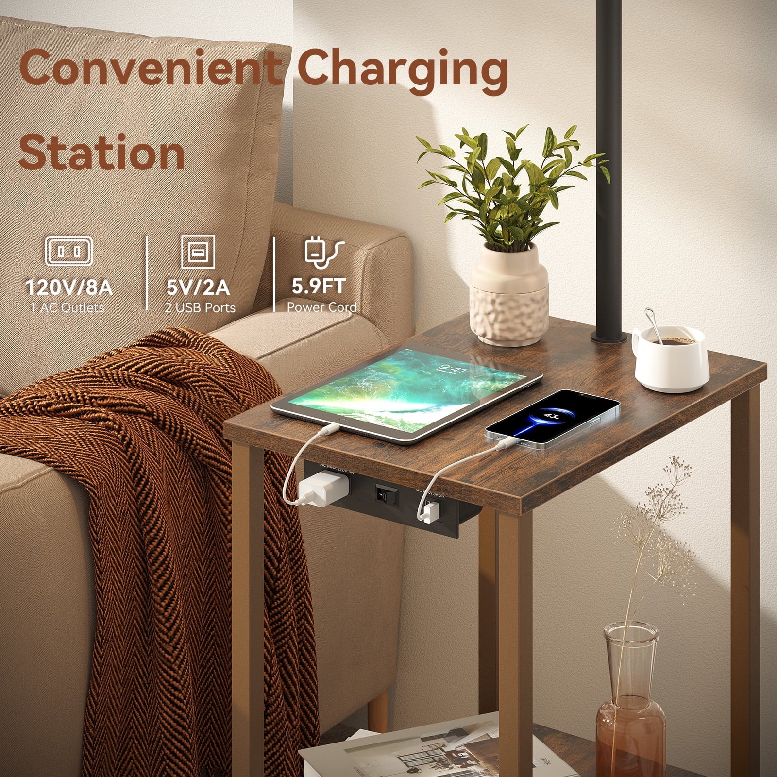 Cozylumi™ Floor Lamp with Table, Lamps for Living Room with USB Charging Station Port