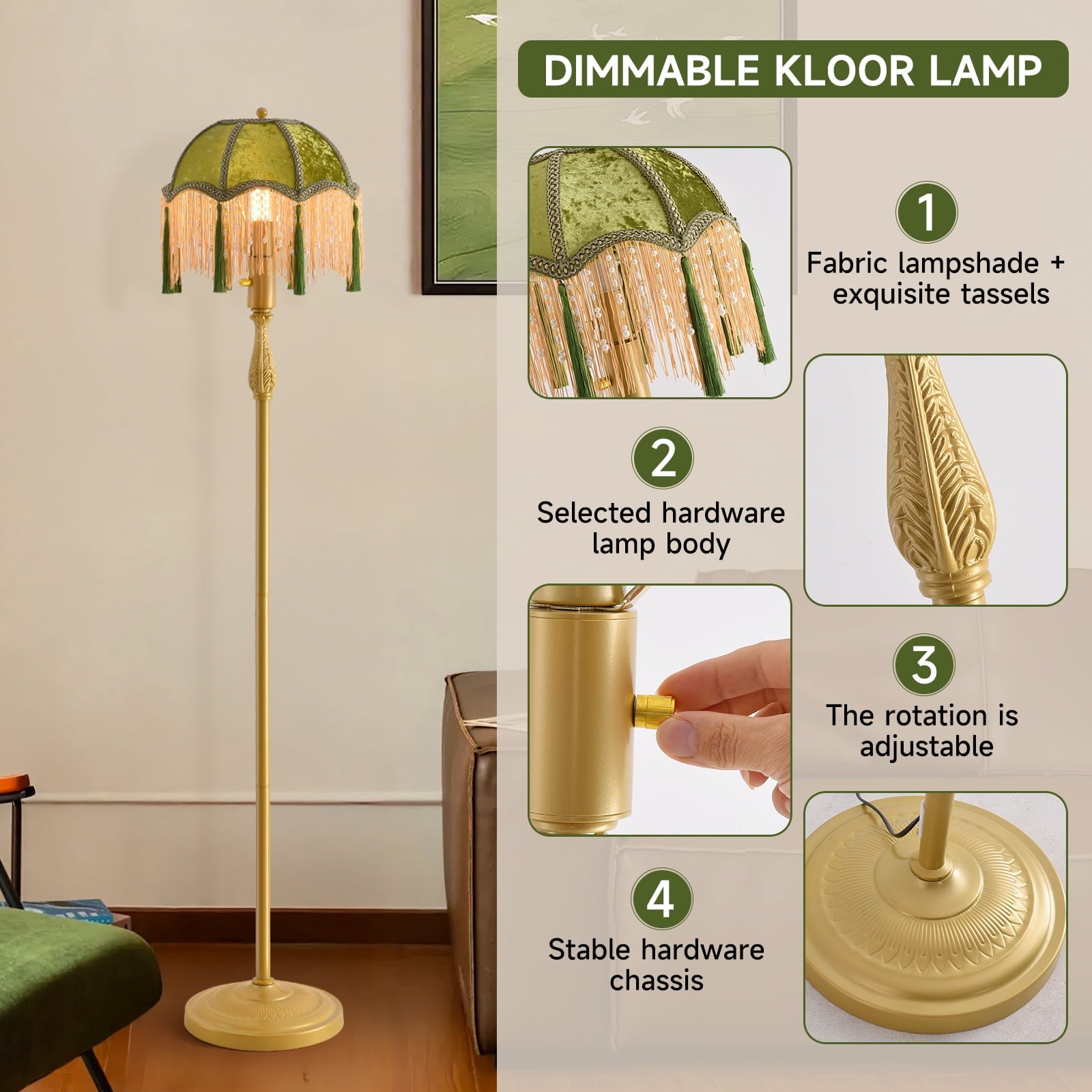 Cozylumi™ Retro tassel floor lamp with adjustable light simple upright metal base LED