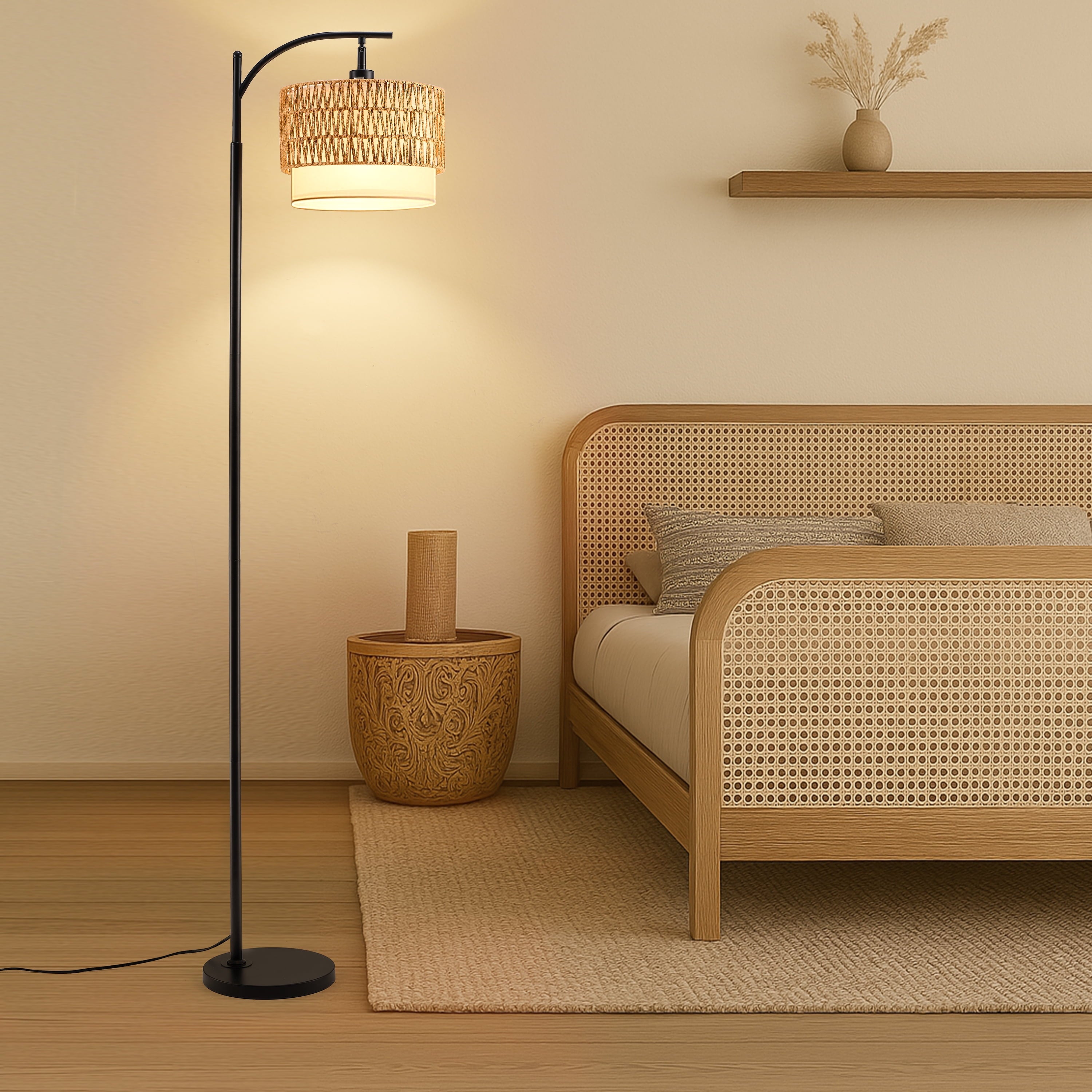 Cozylumi™ Coliware Rattan Floor Lamp for Living Room, Standing Lamp with Double Drum