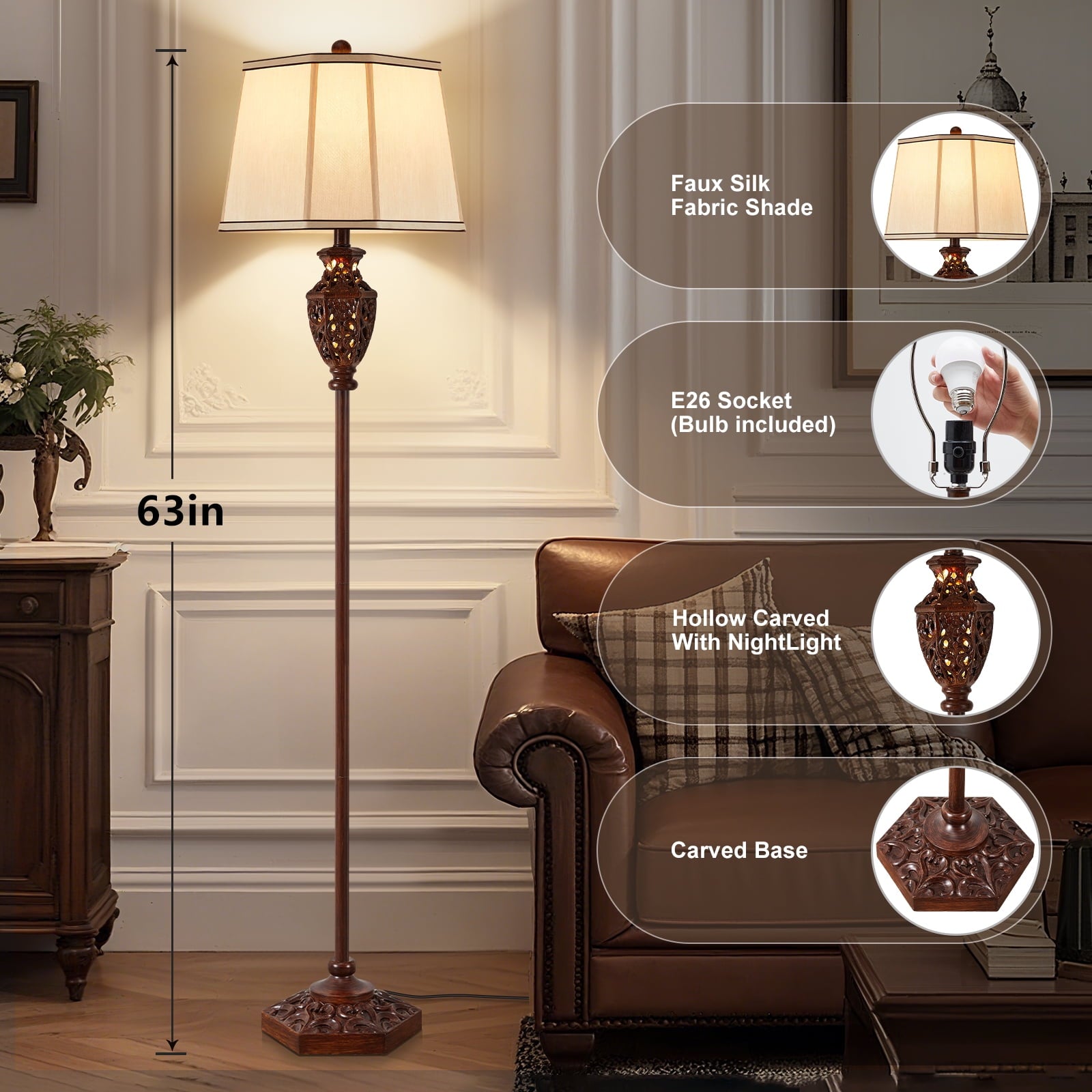 Cozylumi™ Vintage Floor Lamp for Living Room,63in Resin Brown Standing Lamp with