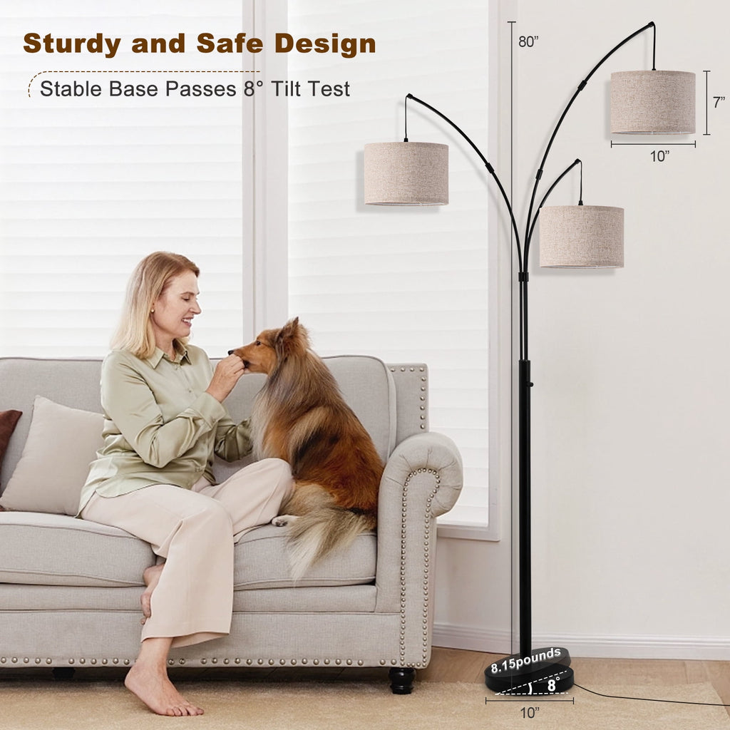 Cozylumi™ Netin 80 3-Light Modern Dimmable Black Arc Floor Lamp with Beige Shades