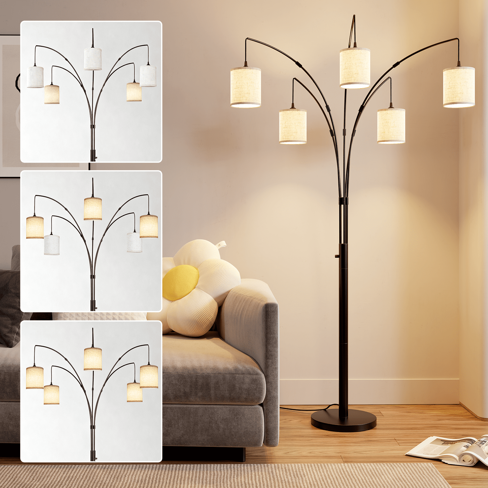 Cozylumi™ 5 Lights Tree Floor Lamp, 83.5" Large Tall Standing Lamp with Drum Linen