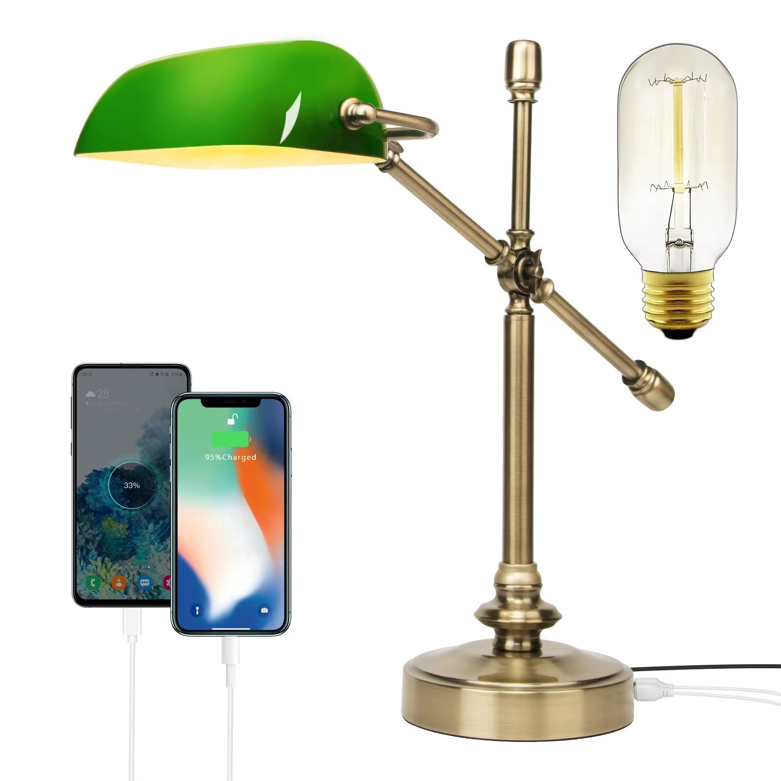 Cozylumi™ Novaretro Vintage Green Glass Bankers Floor Lamp with Adjustable Arm & Pull