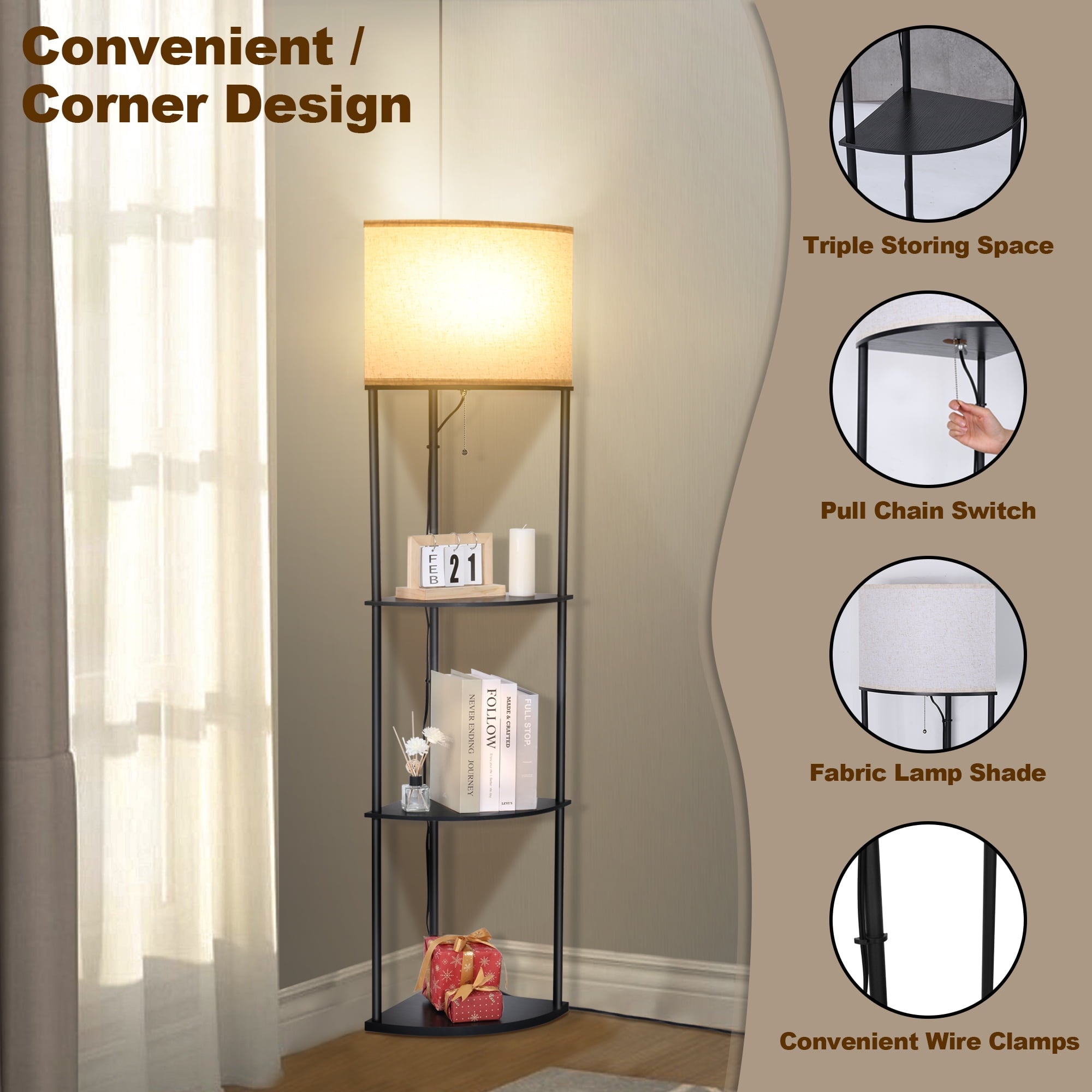 Cozylumi™ Vesteel Corner Floor Lamp for Living Room, Standing Lamps with with 3-Tier