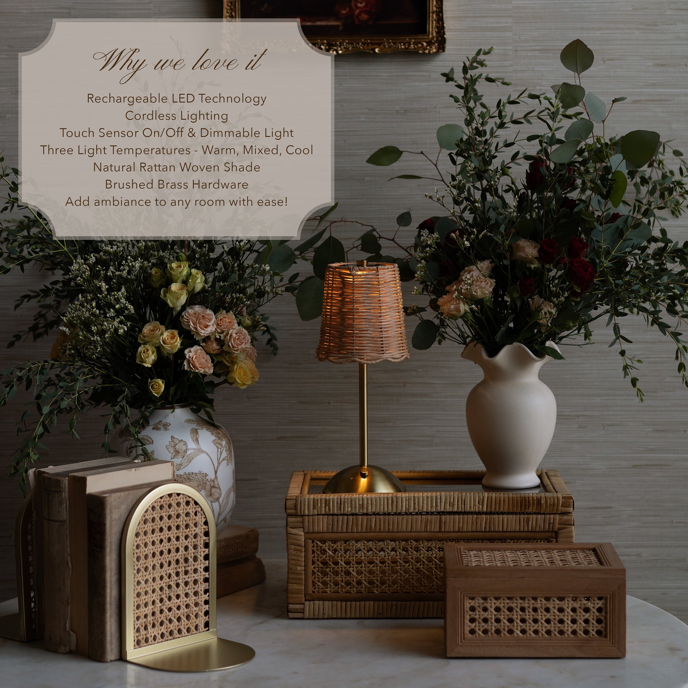 Cozylumi™ Cordless Indoor Rattan and Gold Colored Table Lamp with Touch Switch/Dimmer