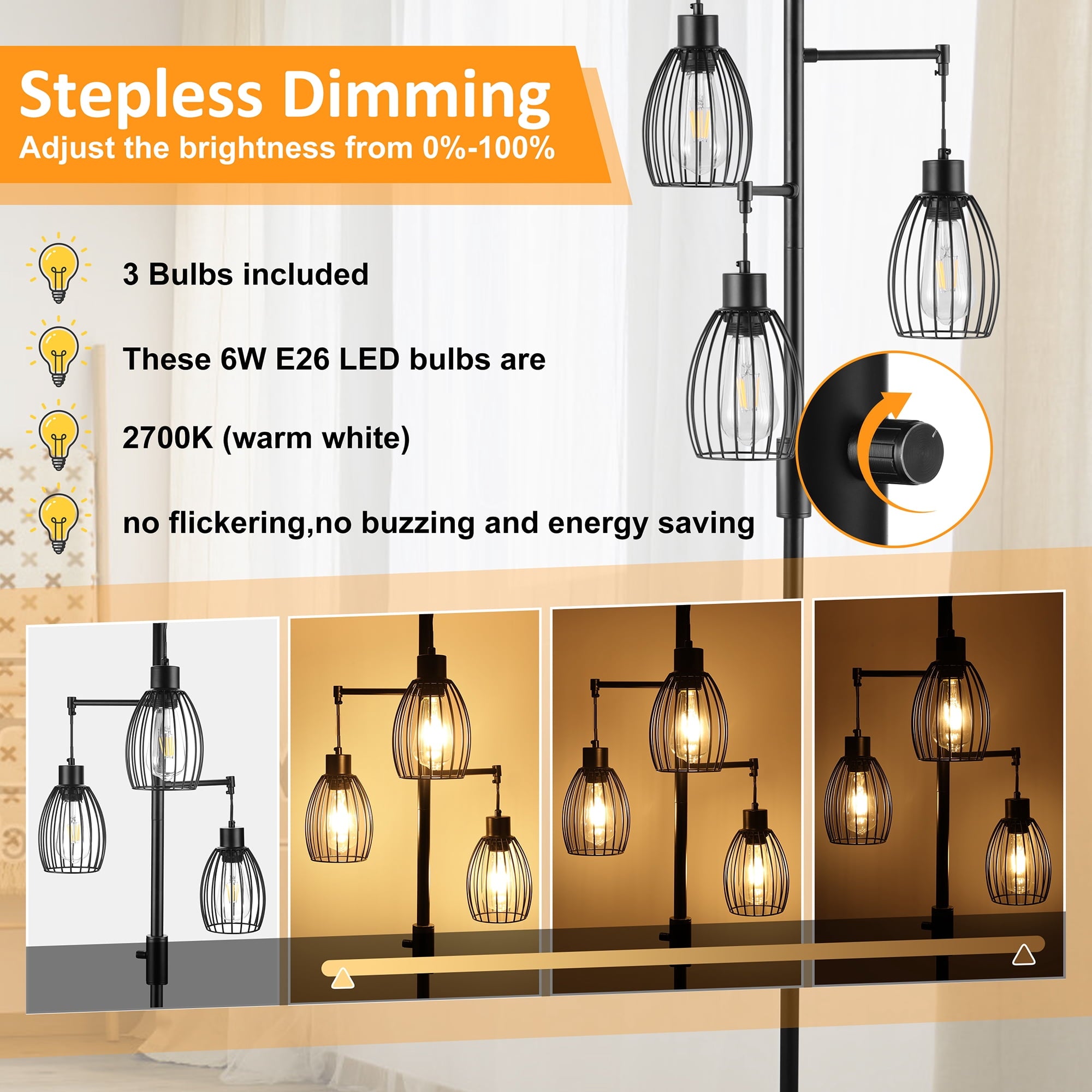 Cozylumi™ Vesteel Standing Lamp, Farmhouse Lamp with 3 Teardrop Cage and Bulbs