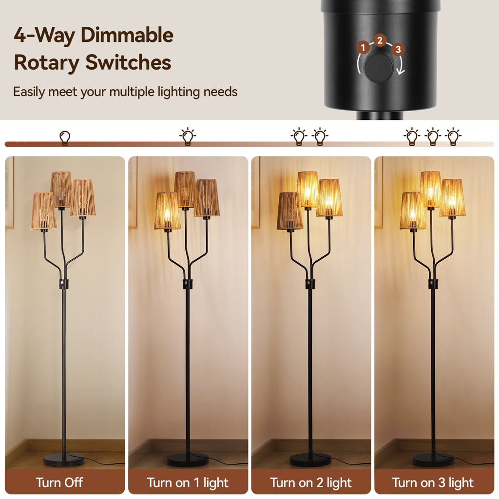 Cozylumi™ Rattan Floor Lamp, Floor Lamps for Living Room with 3 Tier Dimmable Lighting