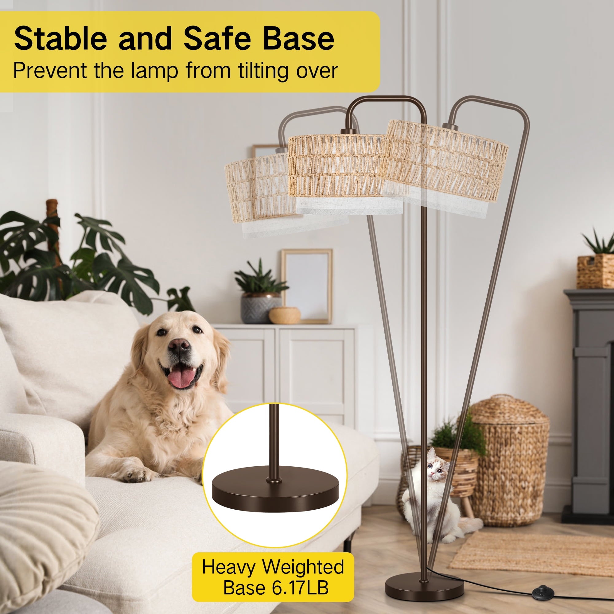 Cozylumi™ Floor Lamps, Boho Standing Lamps with Rattan & Linen Double Shades, Arc Lamp